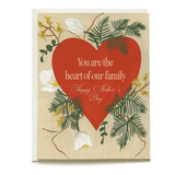 Red heart with floral accents and text "You are the heart of our family. Happy Mother's Day" on a beige background.