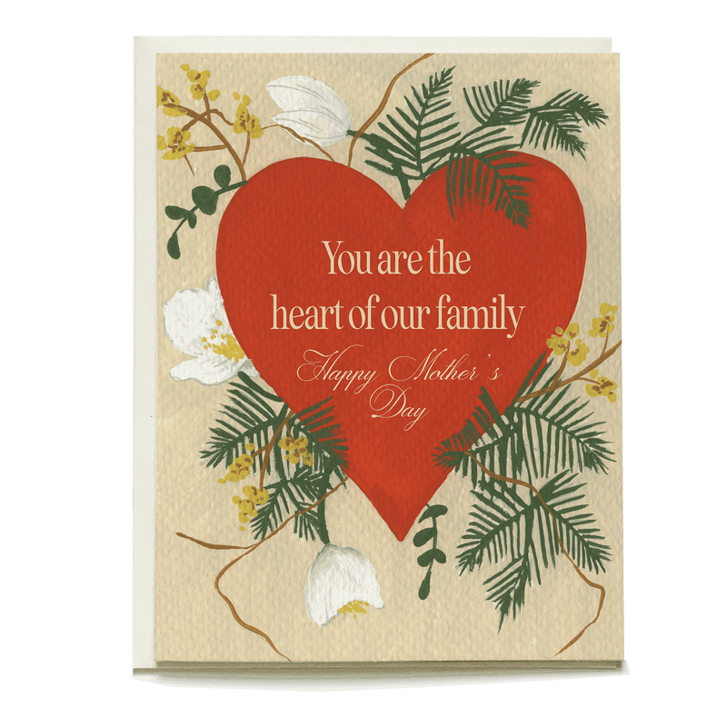 Red heart with floral accents and text "You are the heart of our family. Happy Mother's Day" on a beige background.