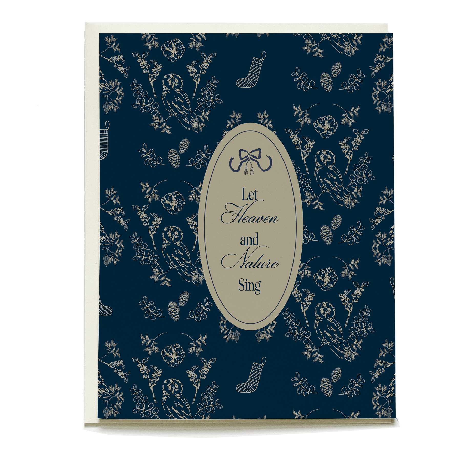 Heaven and Nature holiday card featuring a navy background with floral and bird designs, and the text "Let Heaven and Natu...