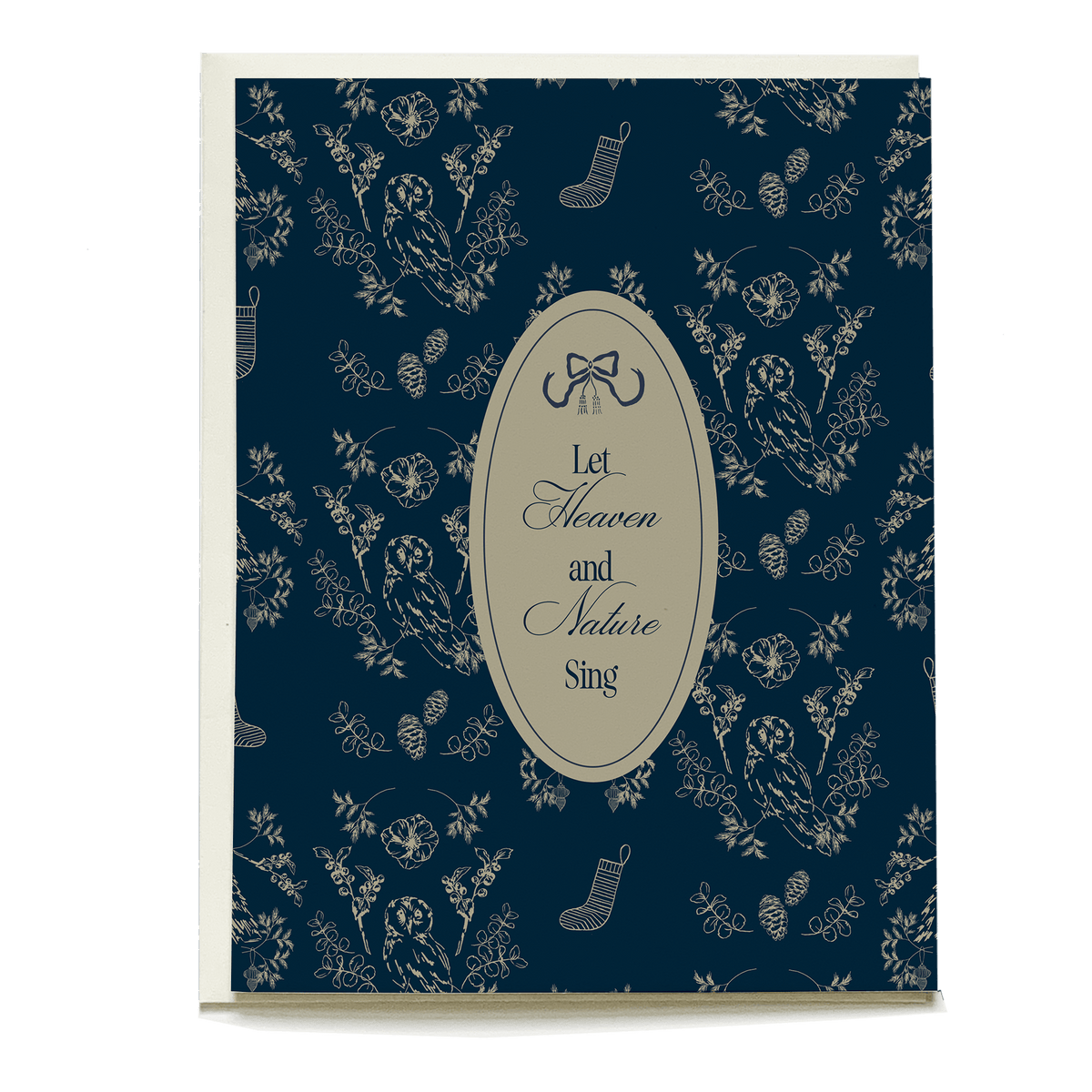 Heaven and Nature holiday card featuring a navy background with floral and bird designs, and the text "Let Heaven and Natu...