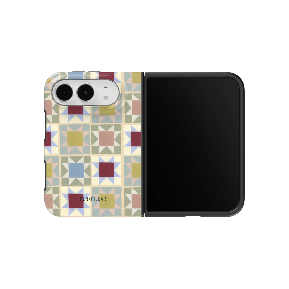 Heirloom iPhone 18 Duo case on an unfolded iPhone 18 Duo, back and screen side by side: sawtooth star quilt blocks in wine, mustard, blush and dusty blue on sage and cream