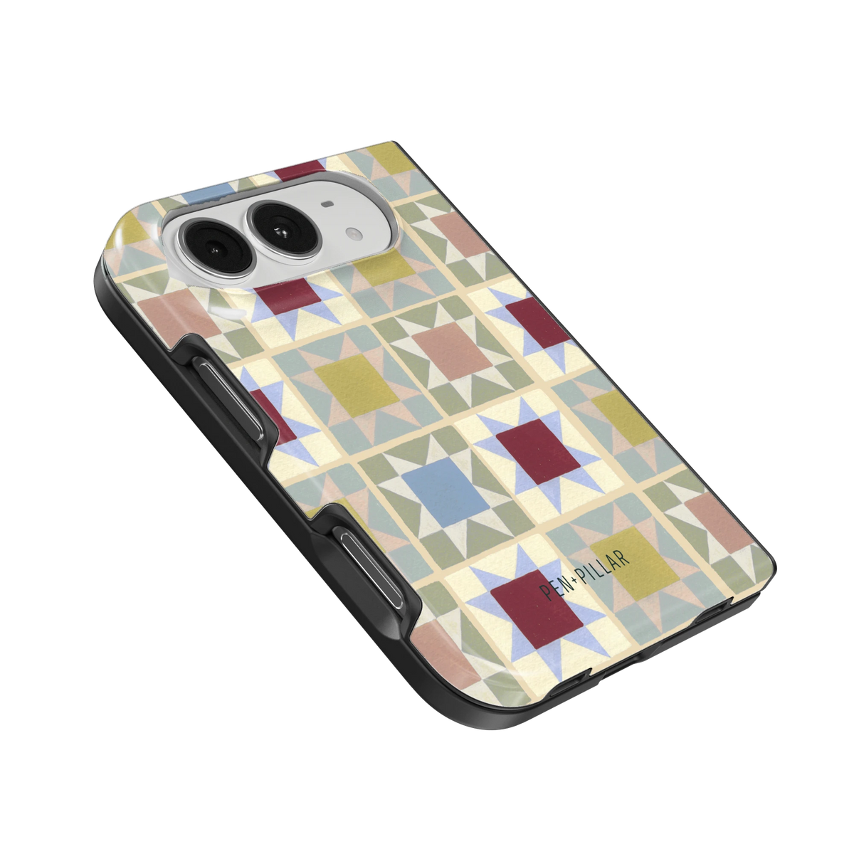 Heirloom iPhone 18 Duo case, angled view showing the camera surround and side buttons
