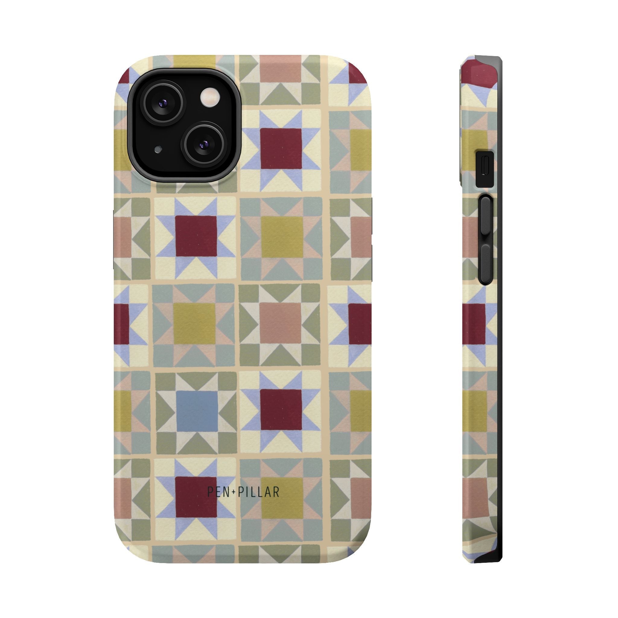 Heirloom iPhone case featuring a geometric pattern with multicolored squares and triangles on a light background.