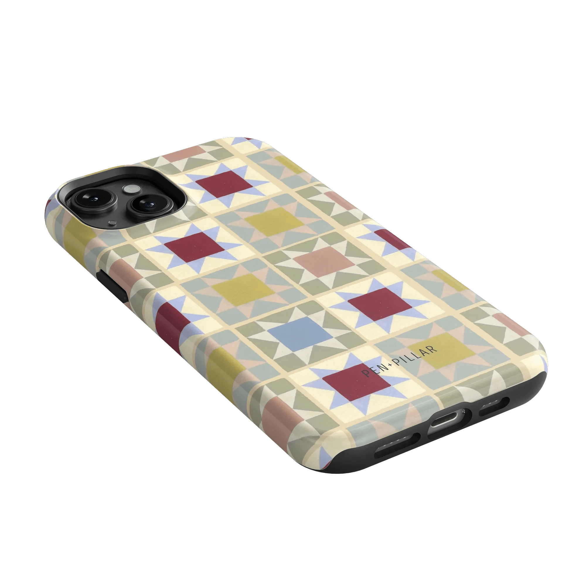 Heirloom iPhone case featuring a geometric pattern in pastel colors with a matte finish and cutouts for ports.