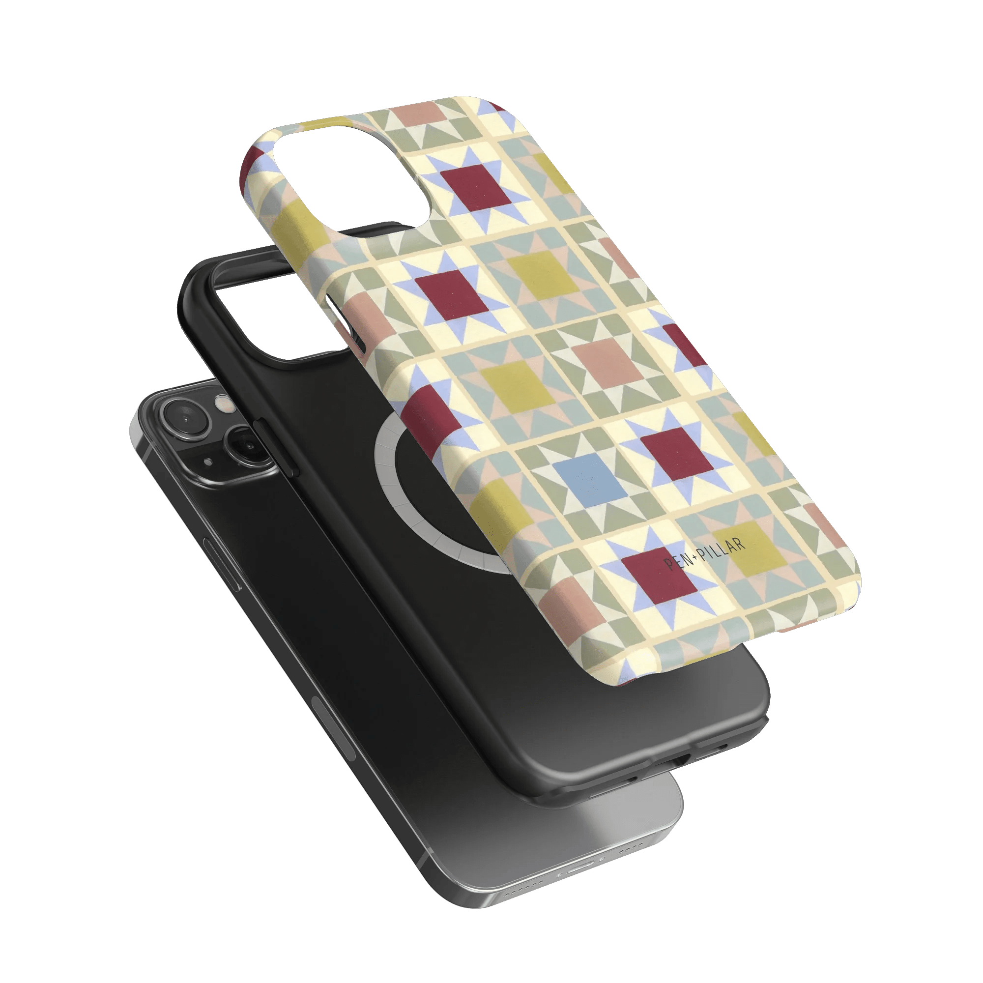Heirloom iPhone case featuring a geometric pattern in pastel colors on a black phone case background.