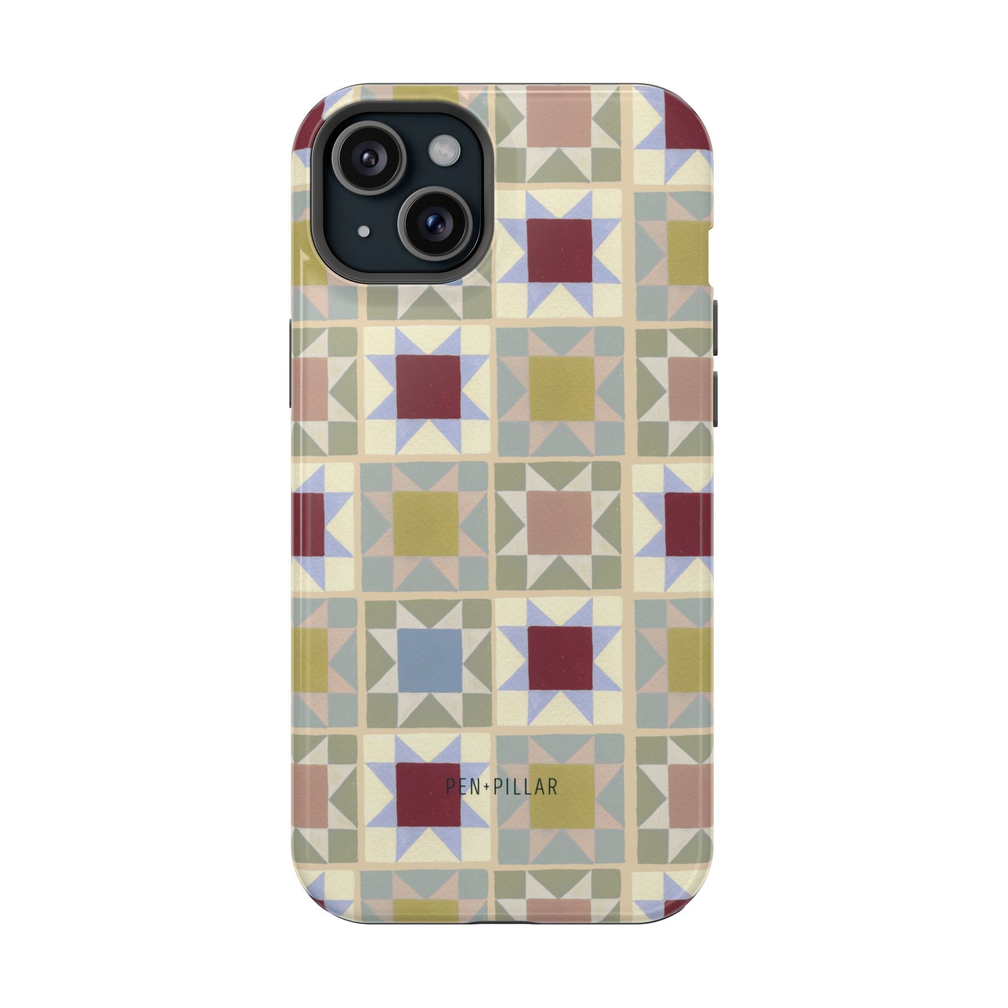 Heirloom iPhone case featuring a geometric pattern in muted colors with a glossy finish.