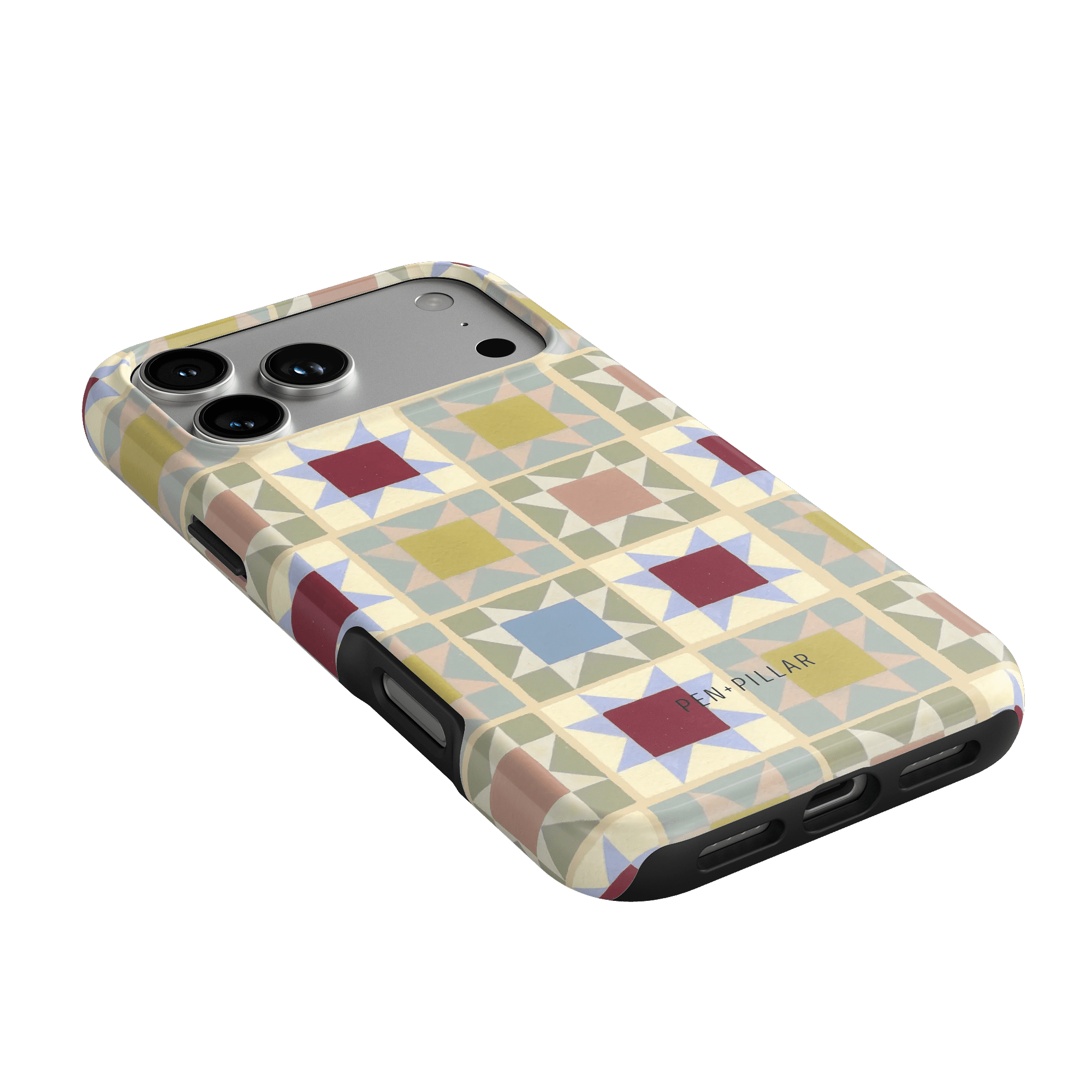 Heirloom iPhone case featuring a geometric pattern in pastel colors with cutouts for camera and ports.