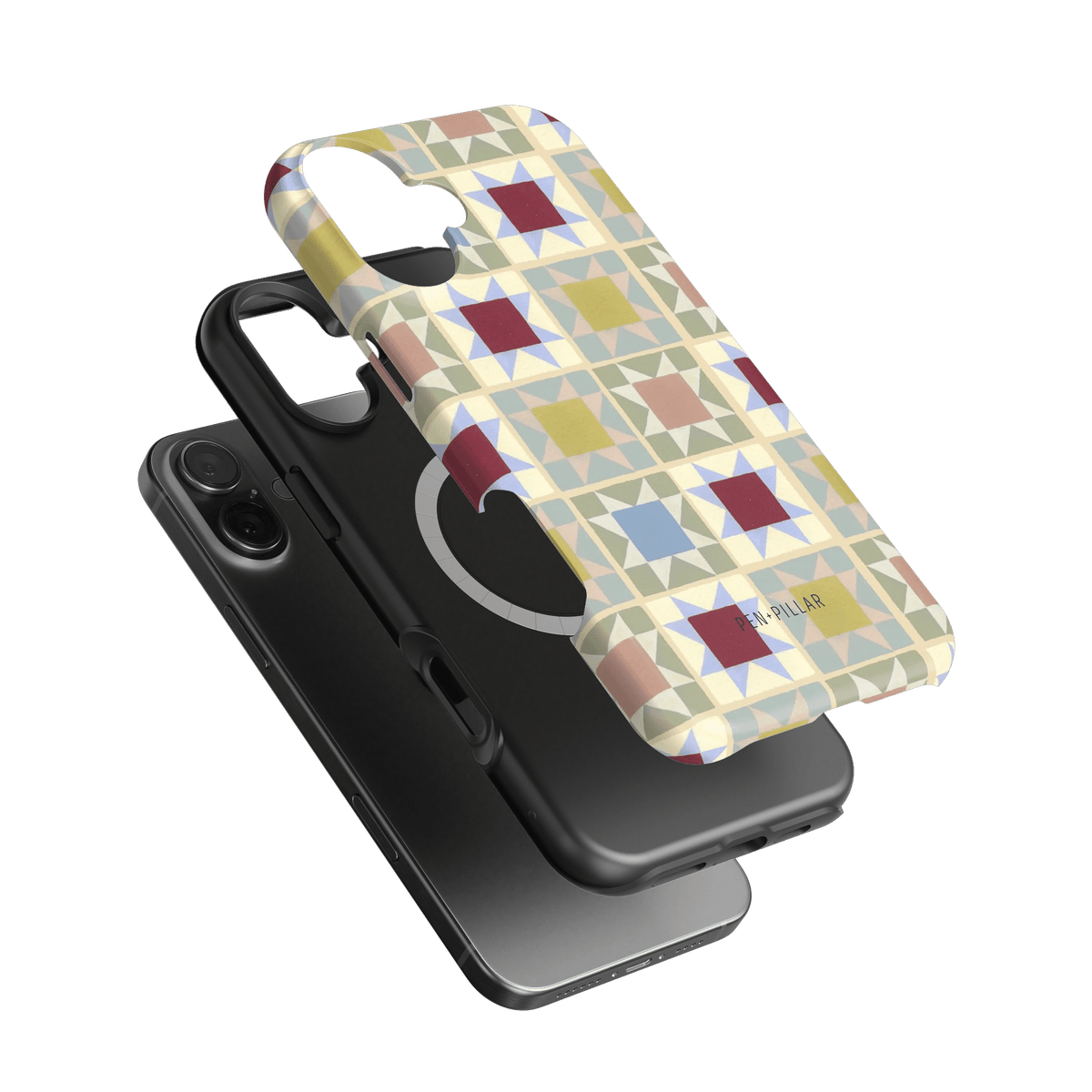 Heirloom iPhone case featuring a geometric pattern in pastel colors, layered over a black phone.