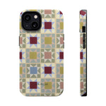 Heirloom iPhone case featuring a geometric pattern in muted colors, shown from the back and side angles.