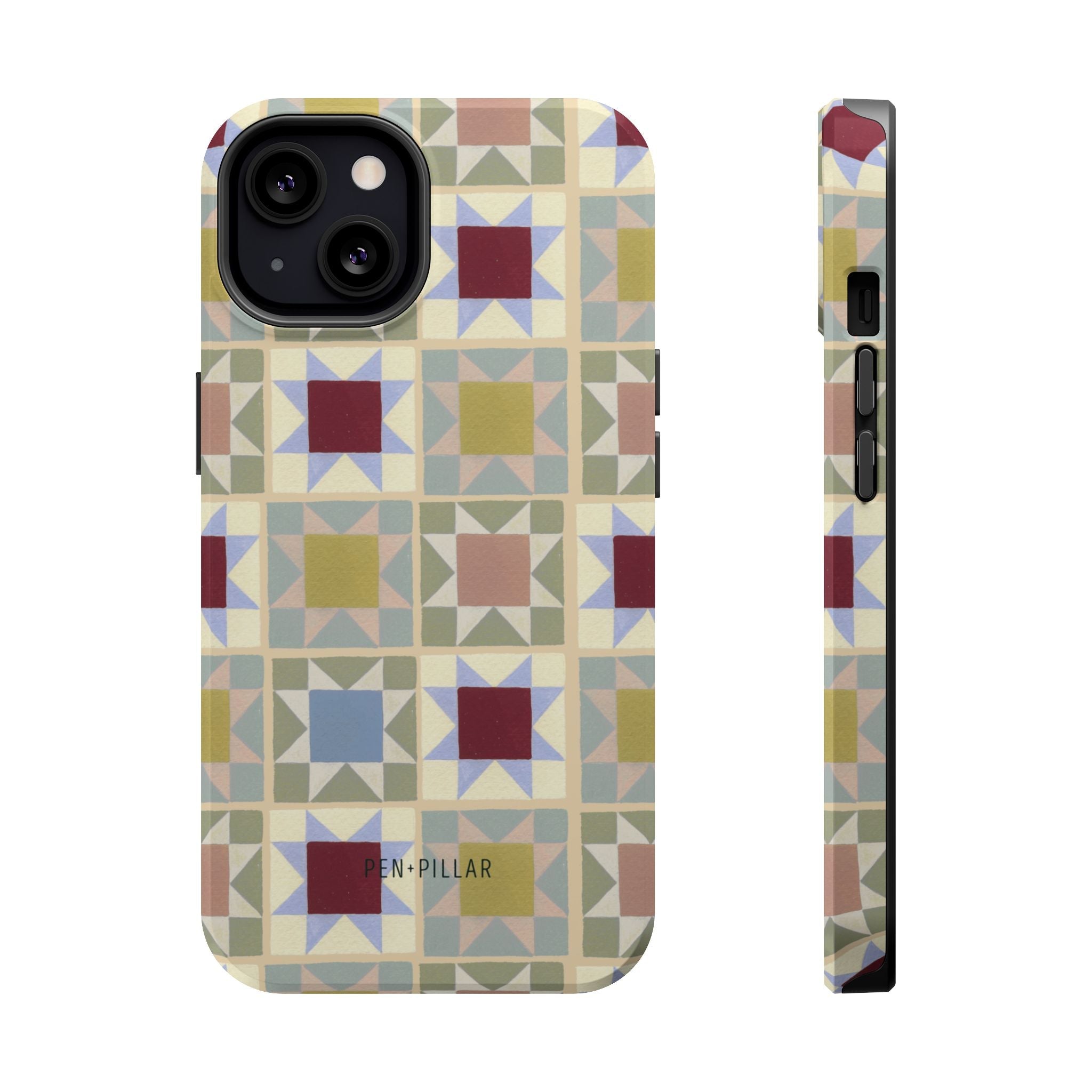 Heirloom iPhone case featuring a geometric pattern in muted colors, shown from the back and side angles.
