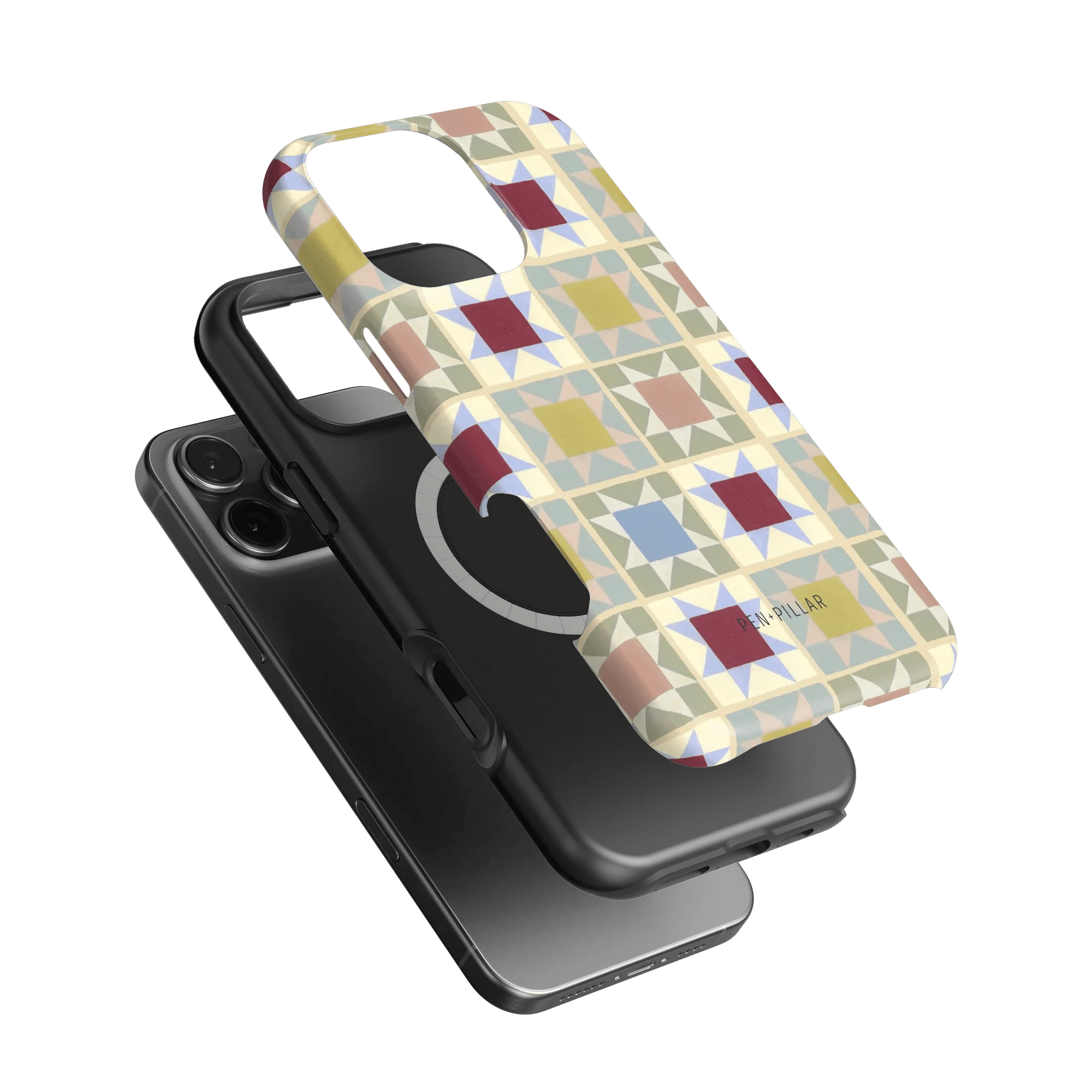 Heirloom iPhone case featuring a geometric pattern in pastel colors, layered over a black phone case.