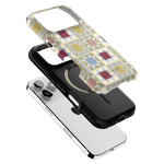 Heirloom iPhone case featuring a geometric design in pastel colors, layered over a black and white phone.