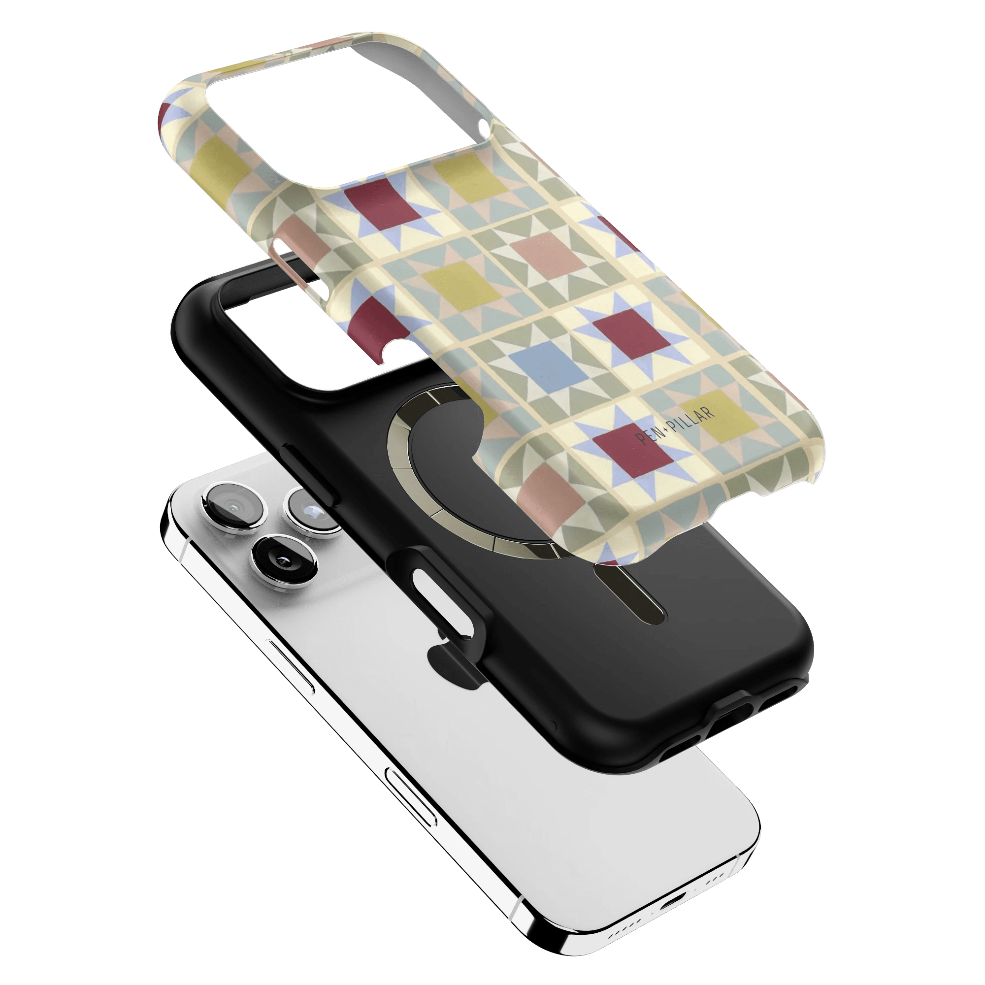 Heirloom iPhone case featuring a geometric design in pastel colors, layered over a black and white phone.