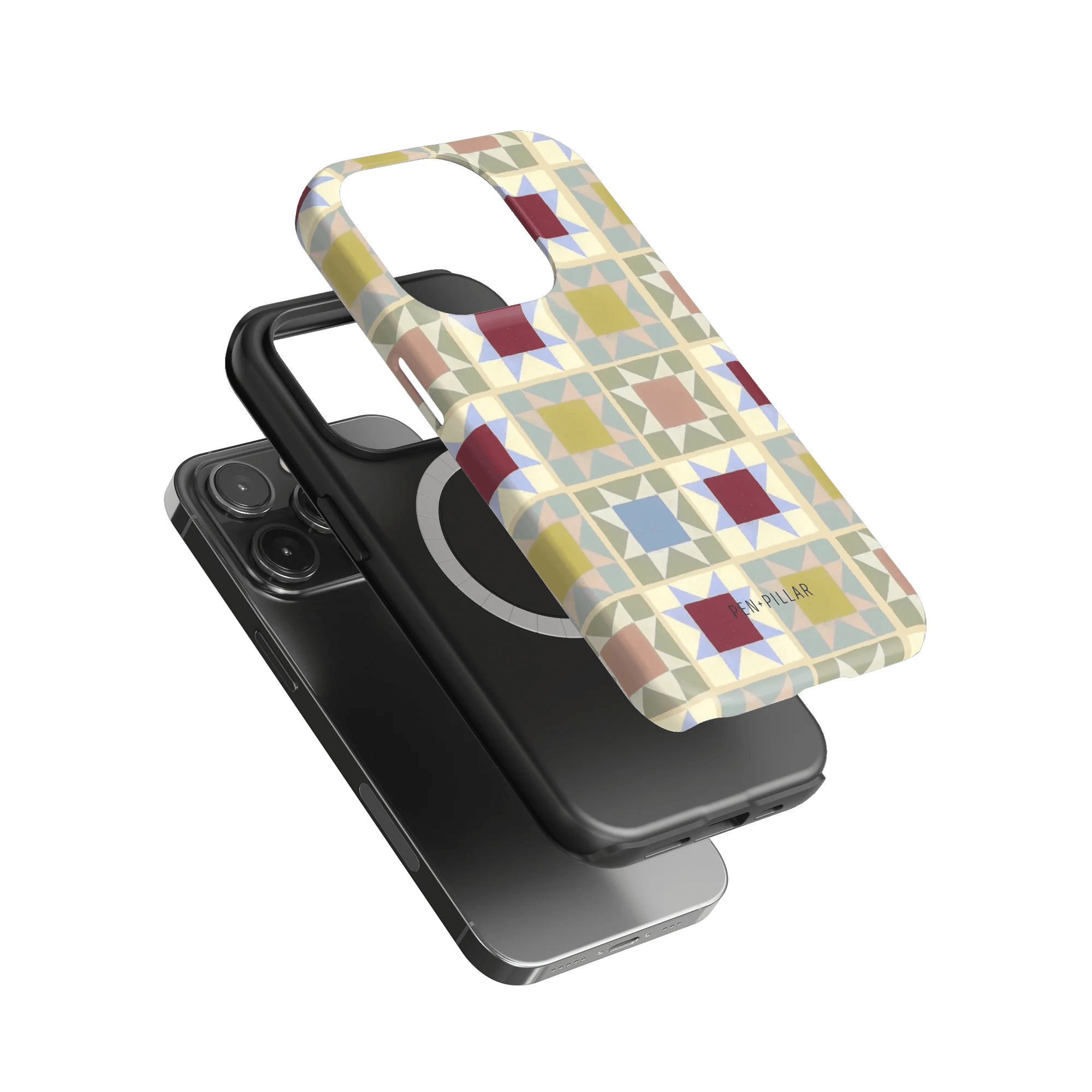 Heirloom iPhone case featuring a geometric pattern in pastel colors, layered over a black phone with a circular design.