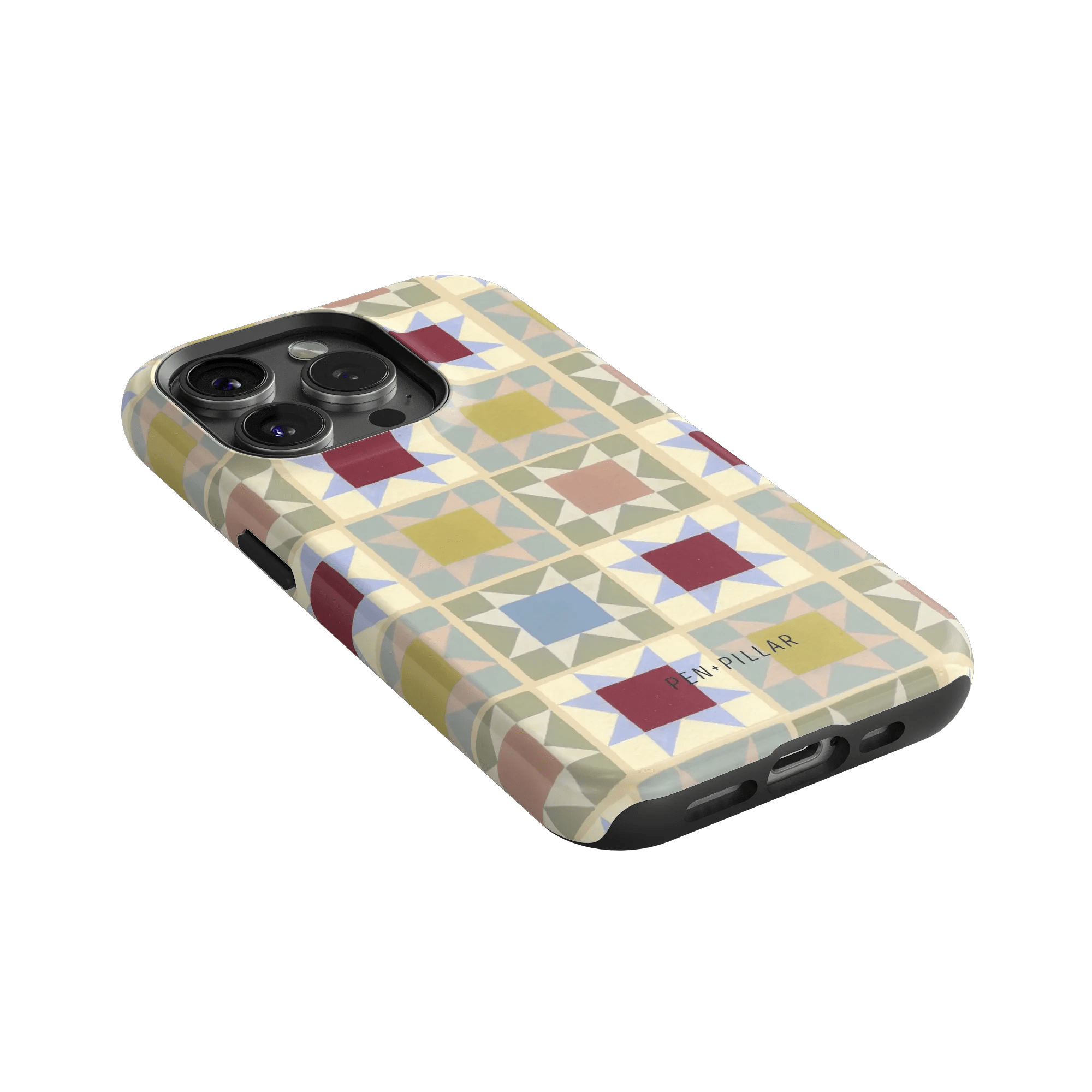 Heirloom iPhone case featuring a geometric pattern in pastel colors with a black border and cutouts for buttons and ports.