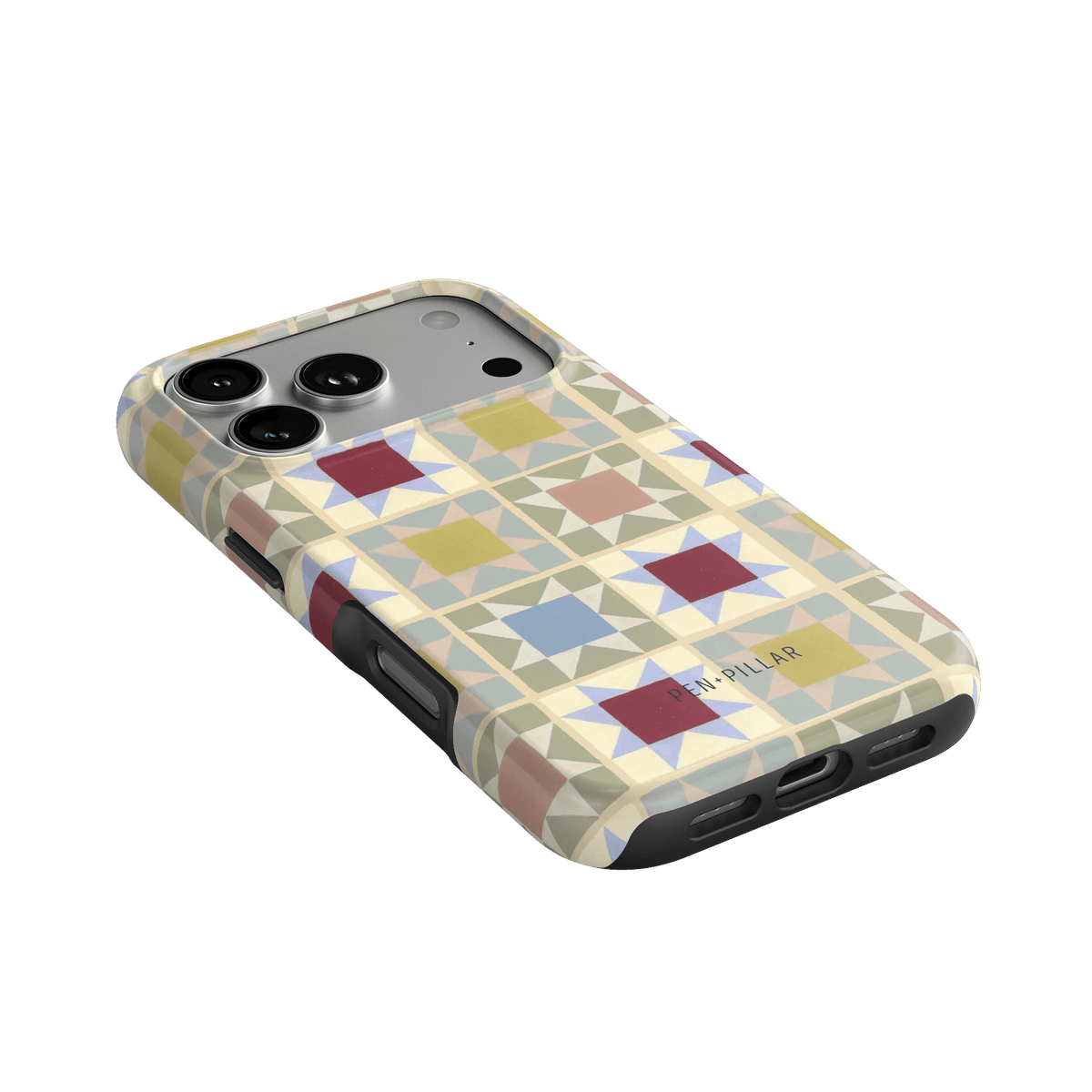Heirloom iPhone case featuring a geometric pattern in pastel colors with cutouts for camera and ports.