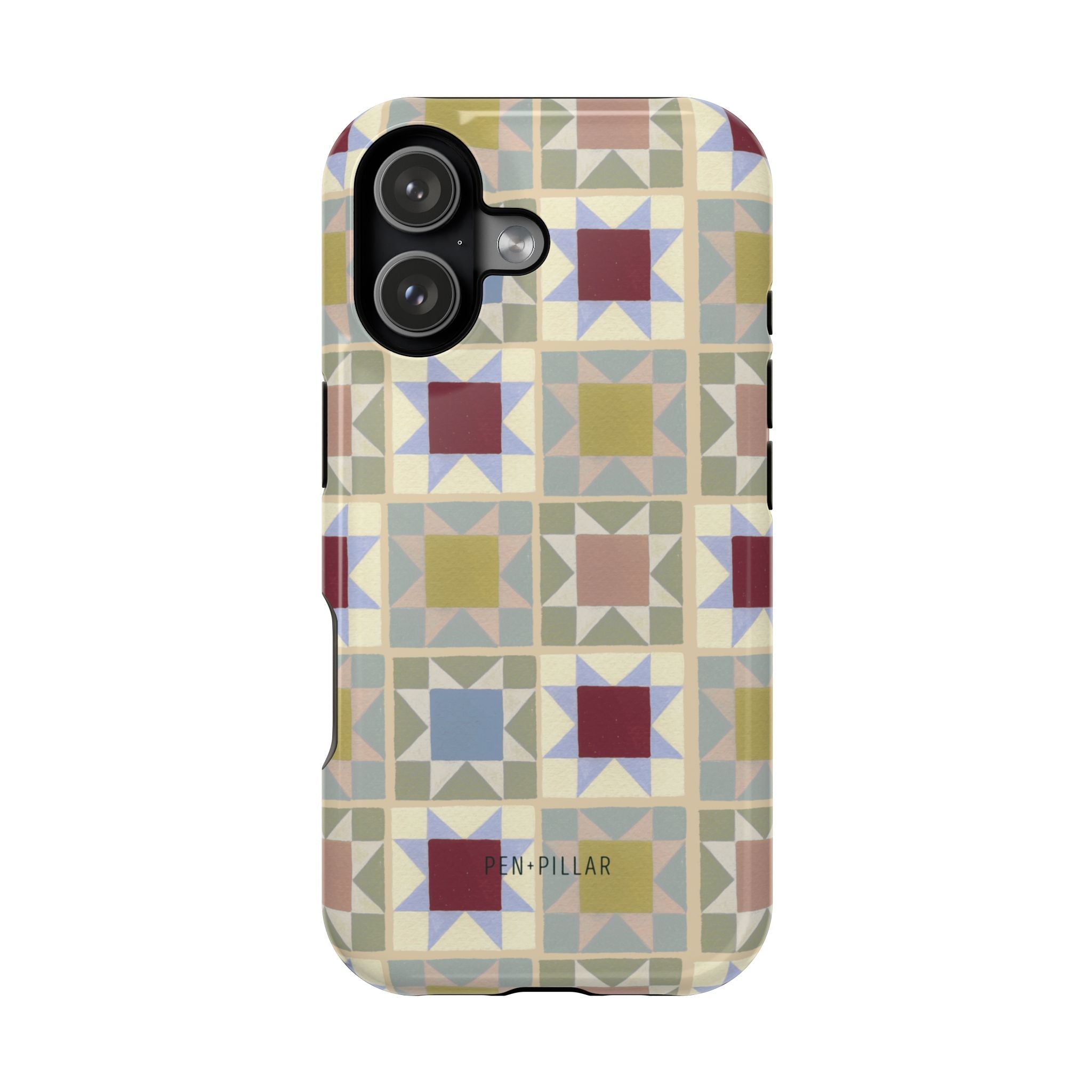 Heirloom iPhone case featuring a geometric pattern in muted colors with a textured finish.