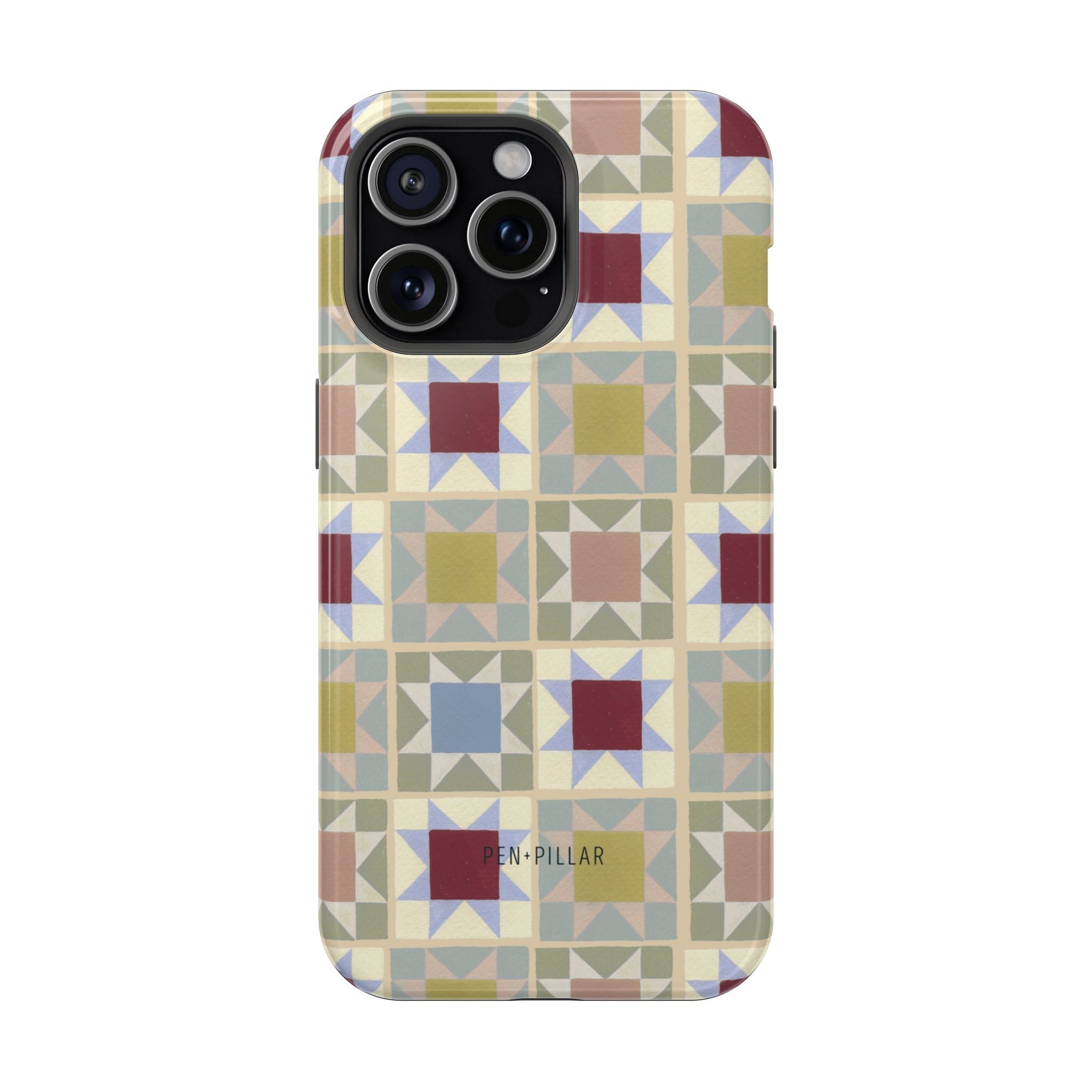 Heirloom iPhone case featuring a geometric pattern in muted colors with a glossy finish.