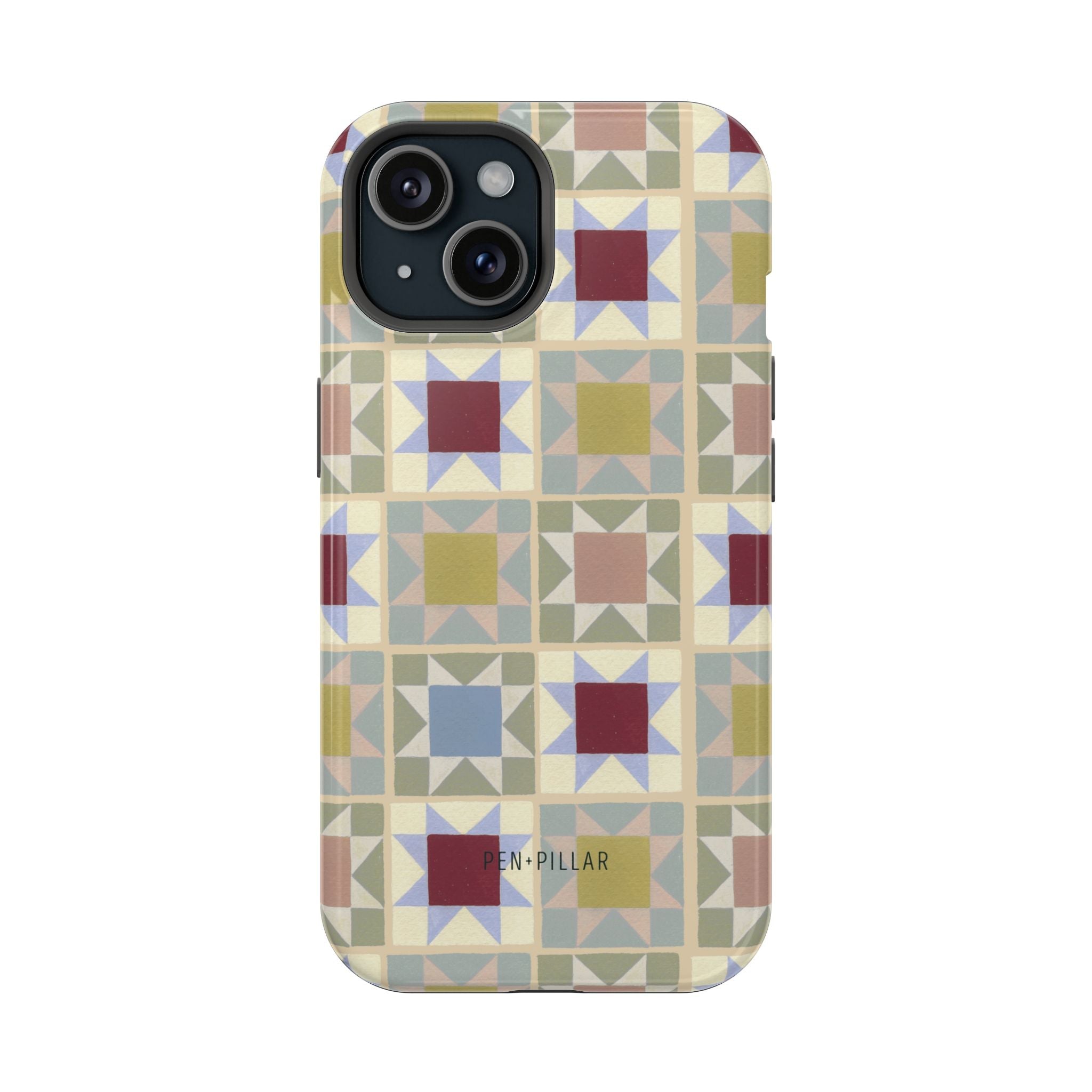 Heirloom iPhone case featuring a geometric pattern in muted colors with a glossy finish.