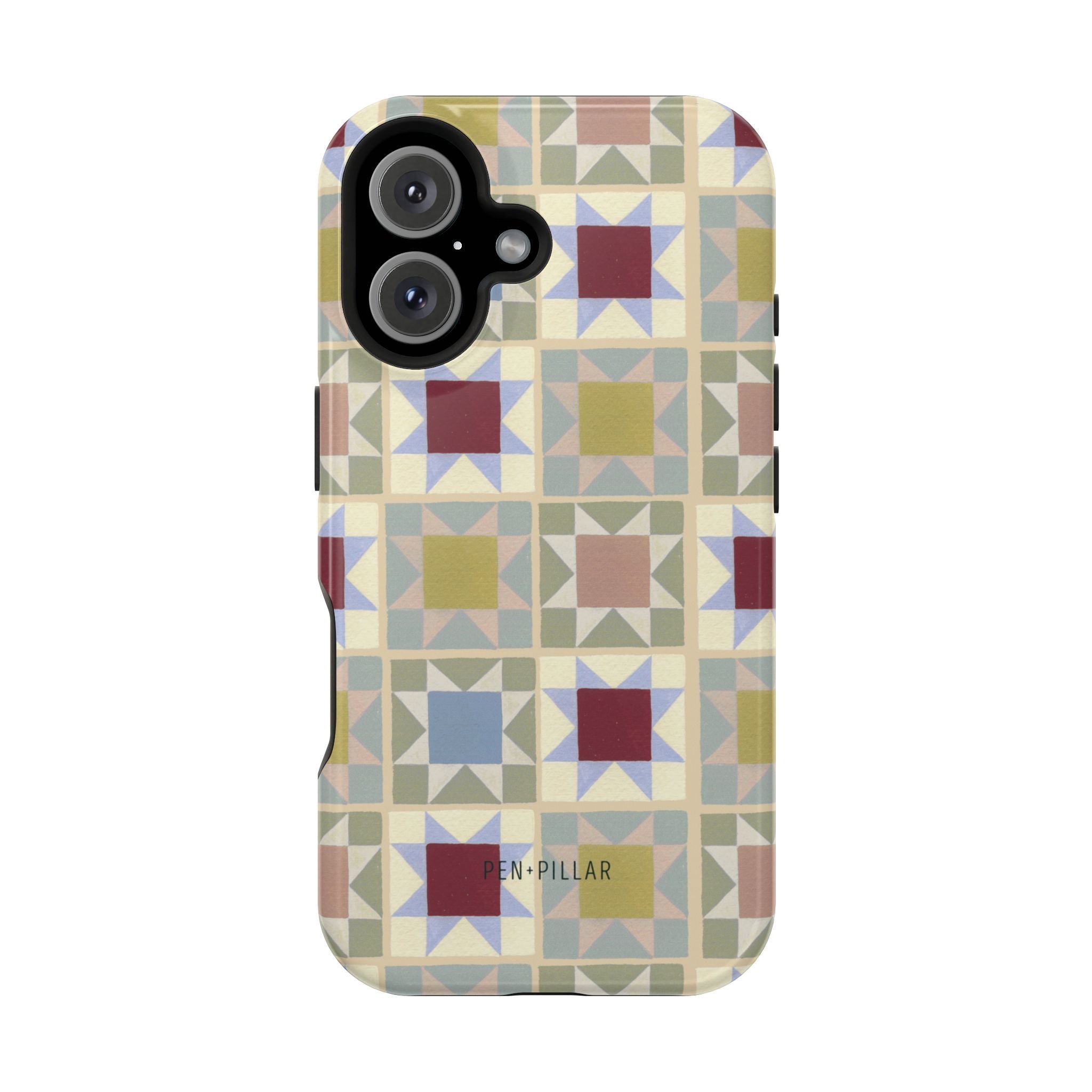 Heirloom iPhone case featuring a geometric pattern in muted colors with a glossy finish.
