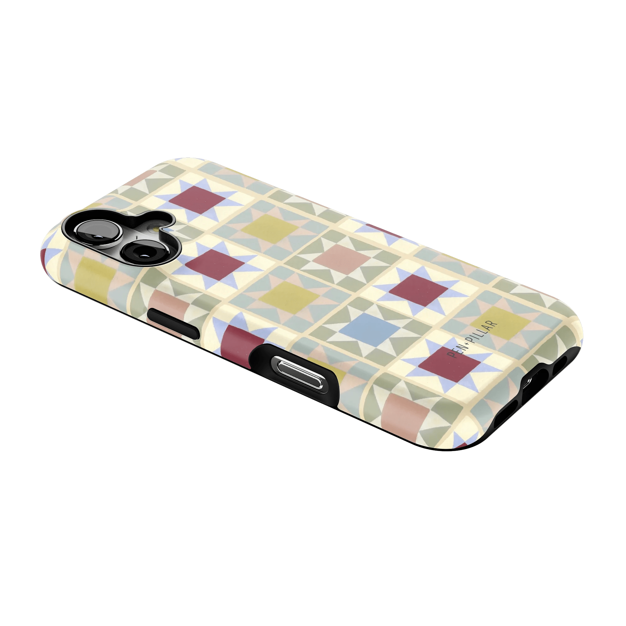 Heirloom iPhone case featuring a geometric pattern in pastel colors on a light background, angled view.
