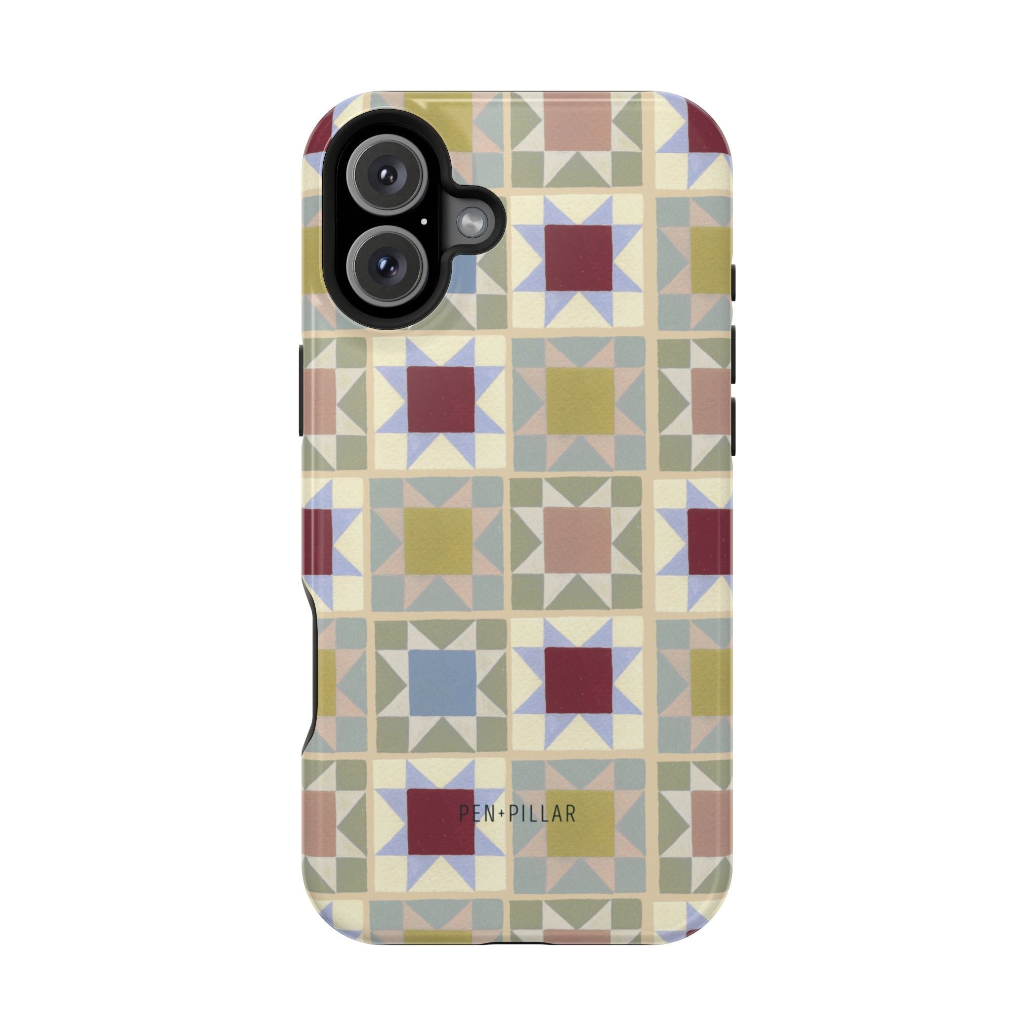 Heirloom iPhone case featuring a geometric pattern in muted colors with a glossy finish.