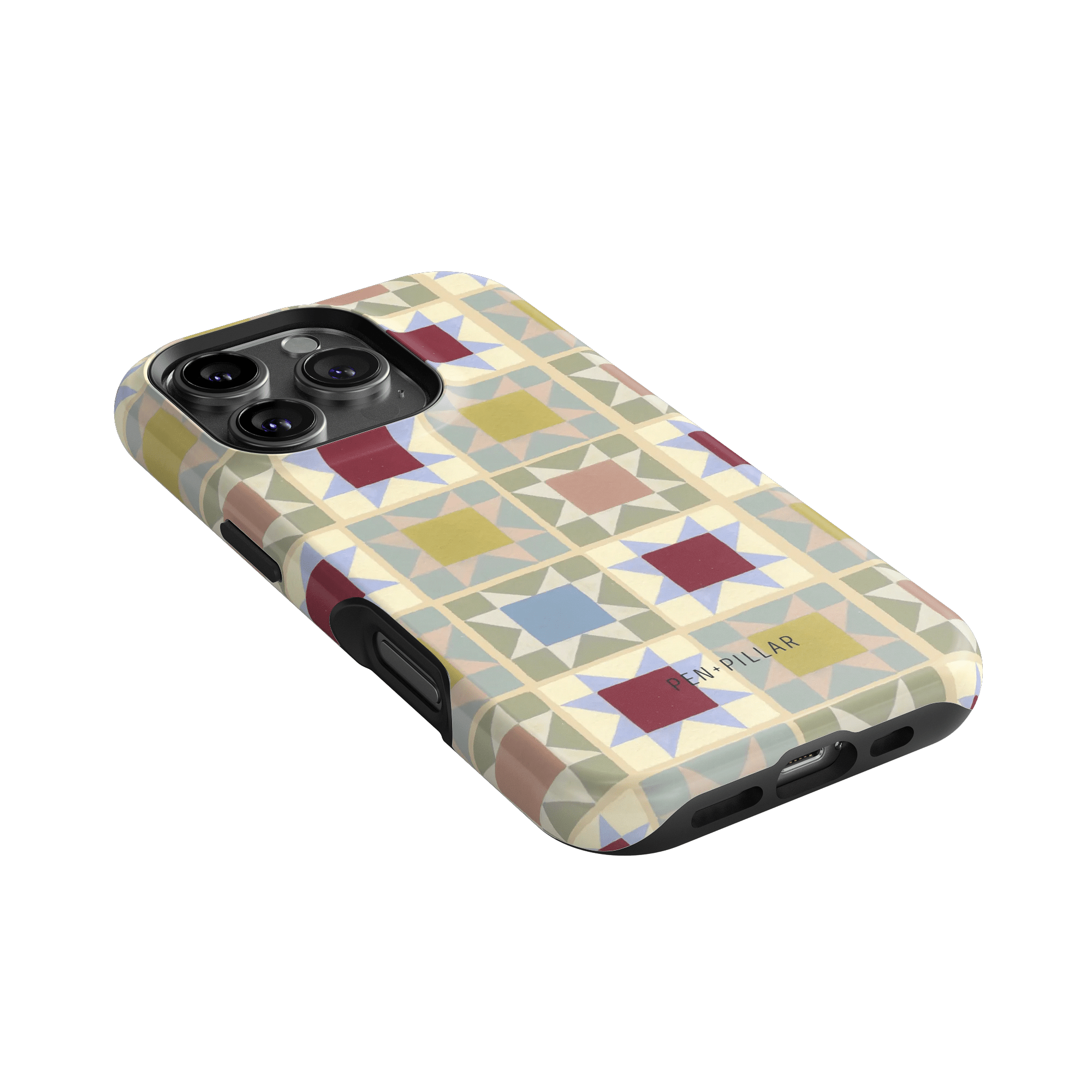Heirloom iPhone case featuring a geometric pattern in pastel colors with a matte finish and cutouts for camera and buttons.