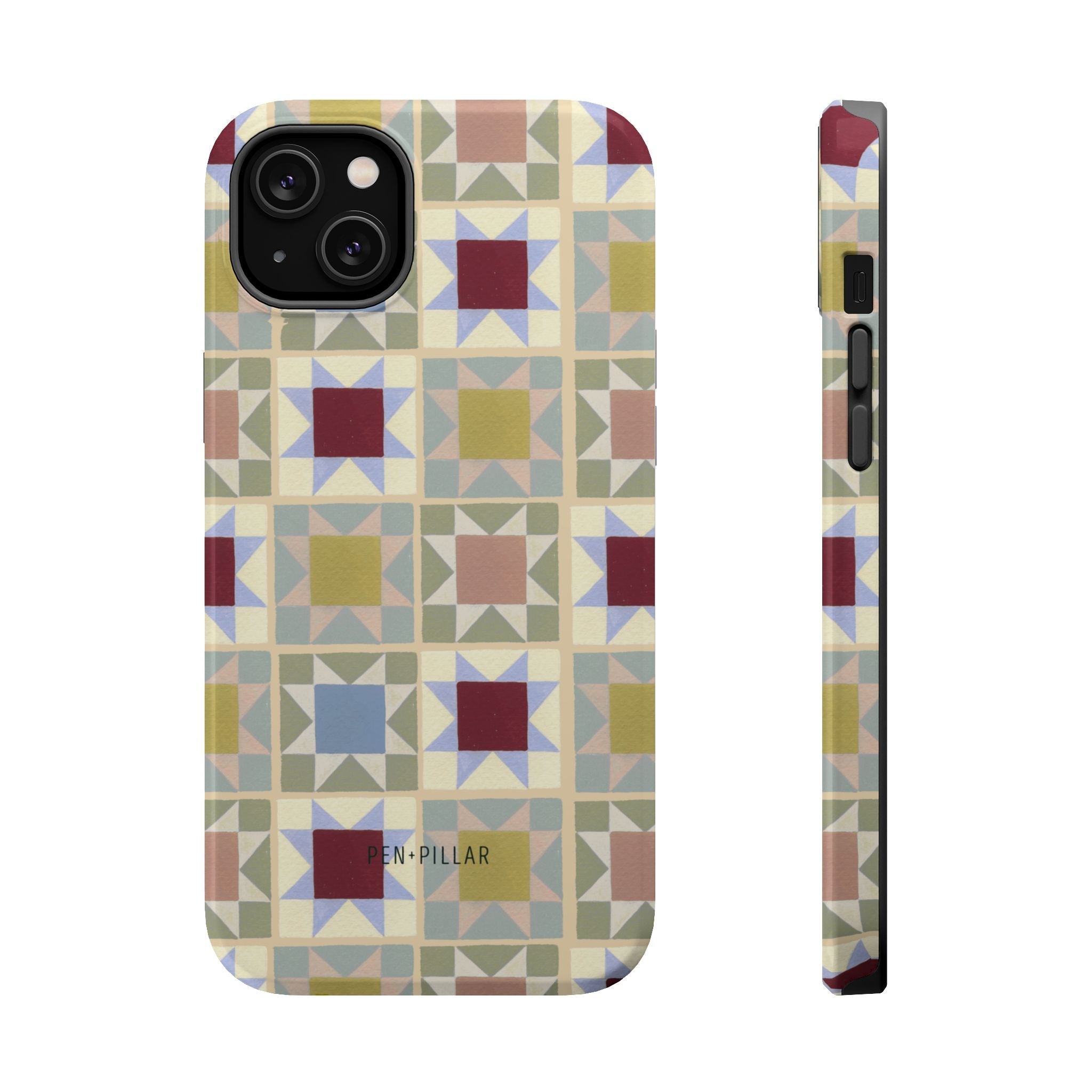 Heirloom iPhone case featuring a geometric pattern in muted colors with a matte finish and camera cutout.
