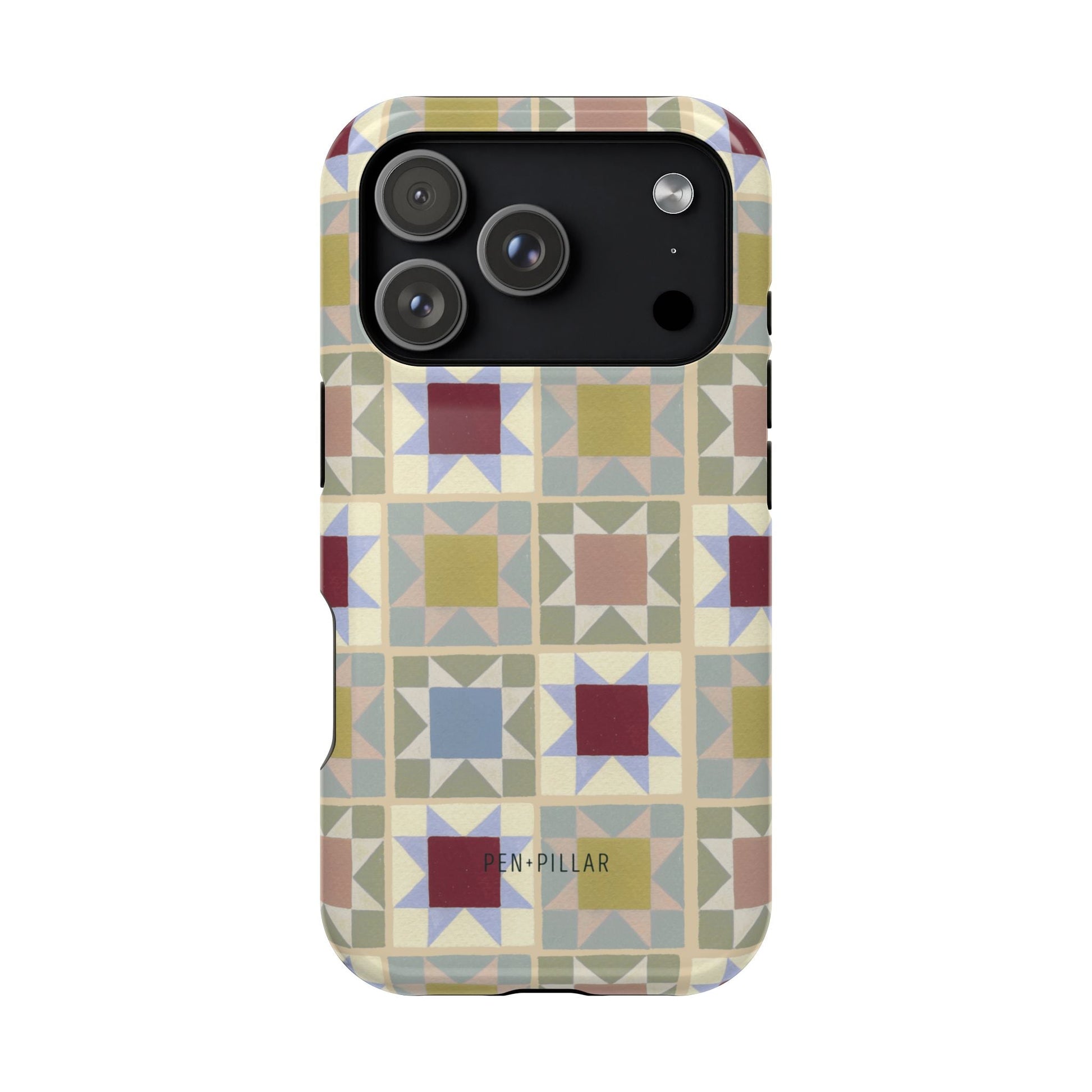 Heirloom iPhone case featuring a geometric pattern in muted colors and a textured finish.