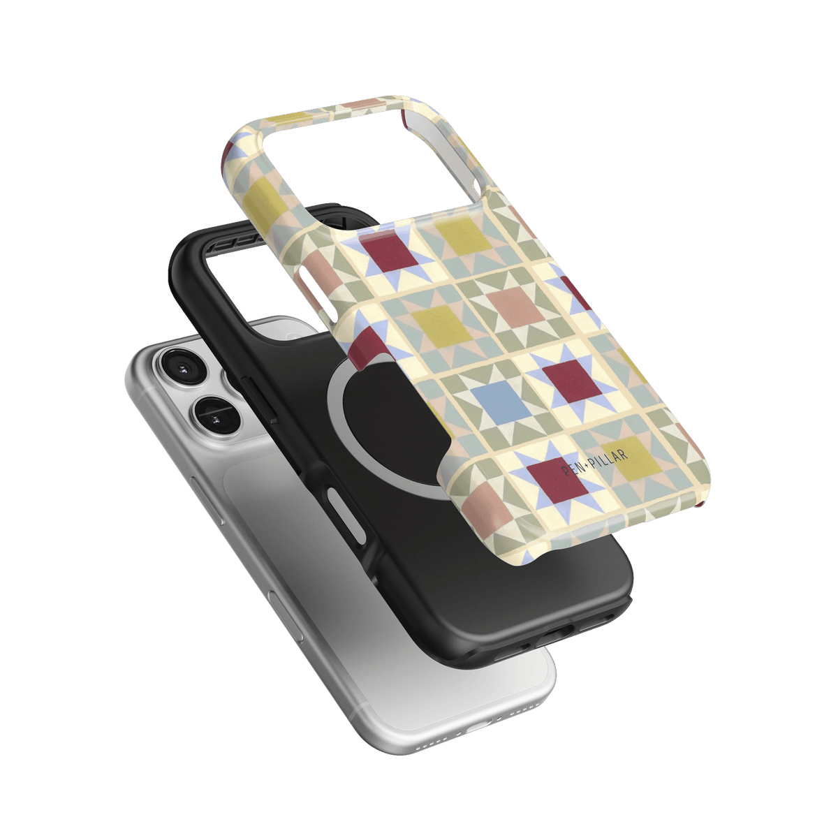 Heirloom iPhone case featuring a colorful geometric pattern, layered over a black and silver phone case.