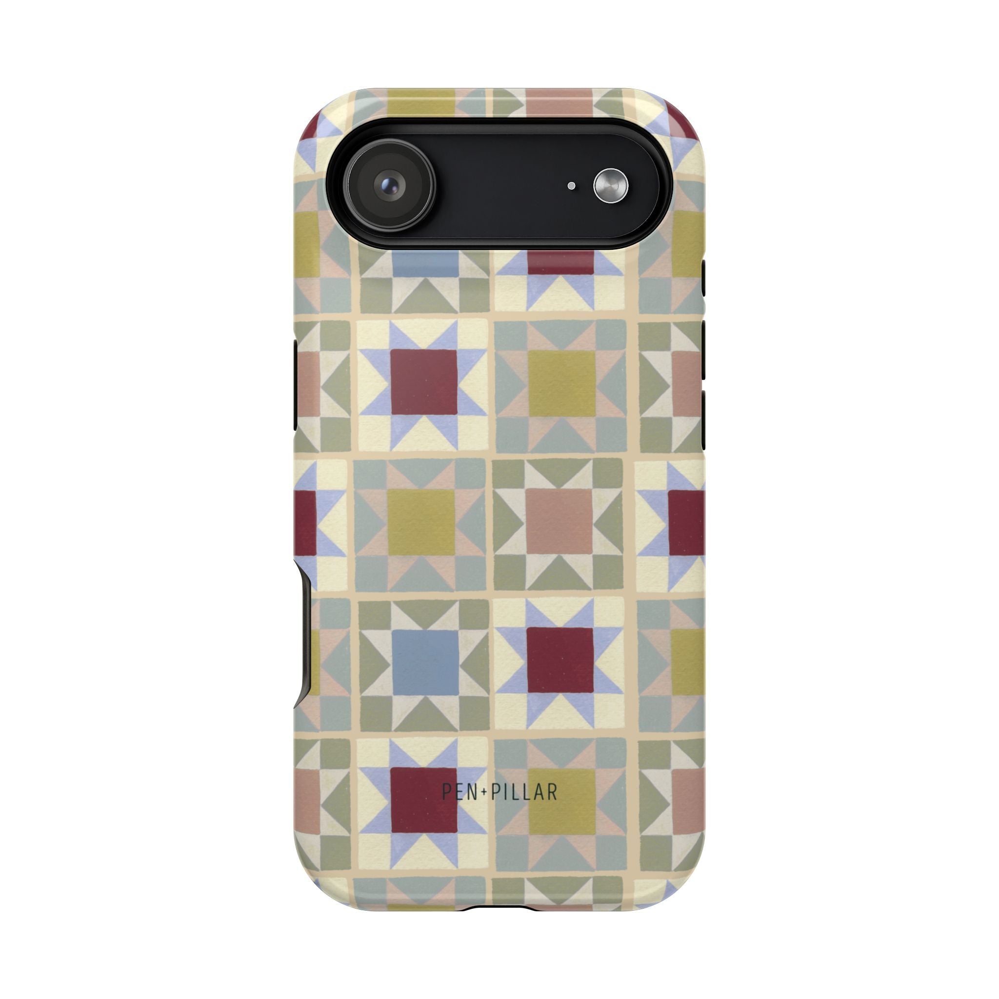 Heirloom iPhone case featuring a geometric pattern in pastel colors with stars and squares on a light background.