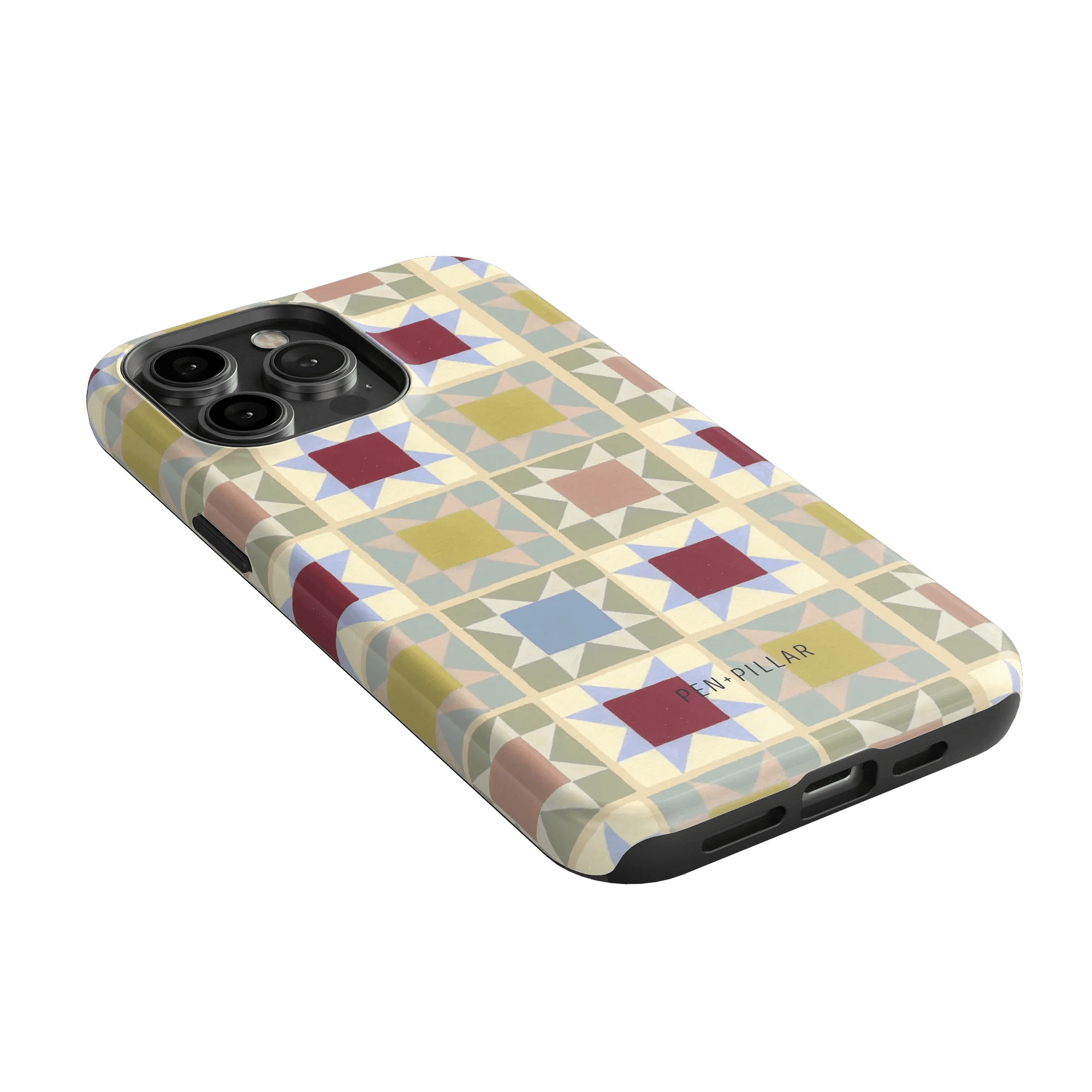 Heirloom iPhone case featuring a geometric pattern in pastel colors with a black edge and cutouts for camera and ports.