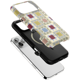 Heirloom iPhone case featuring a geometric pattern in pastel colors, shown from multiple angles with a black base.