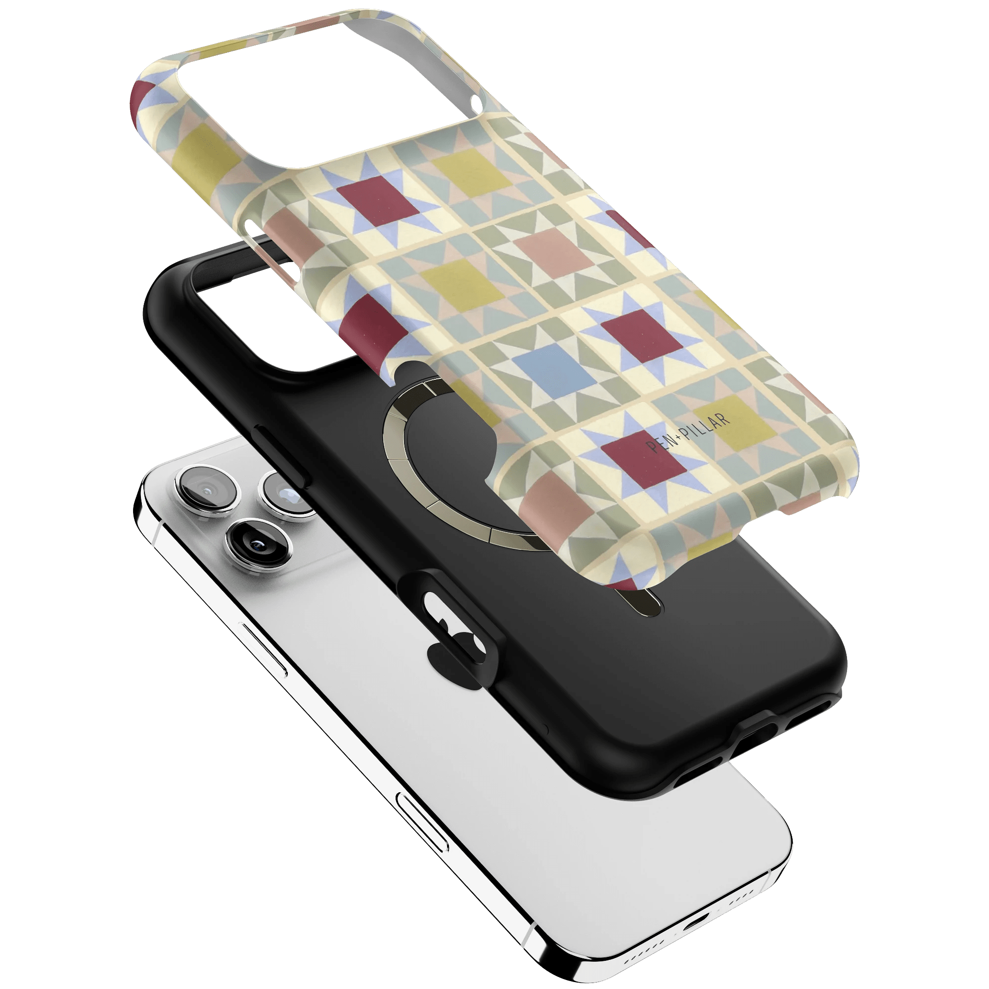 Heirloom iPhone case featuring a geometric pattern in pastel colors, shown from multiple angles with a black base.