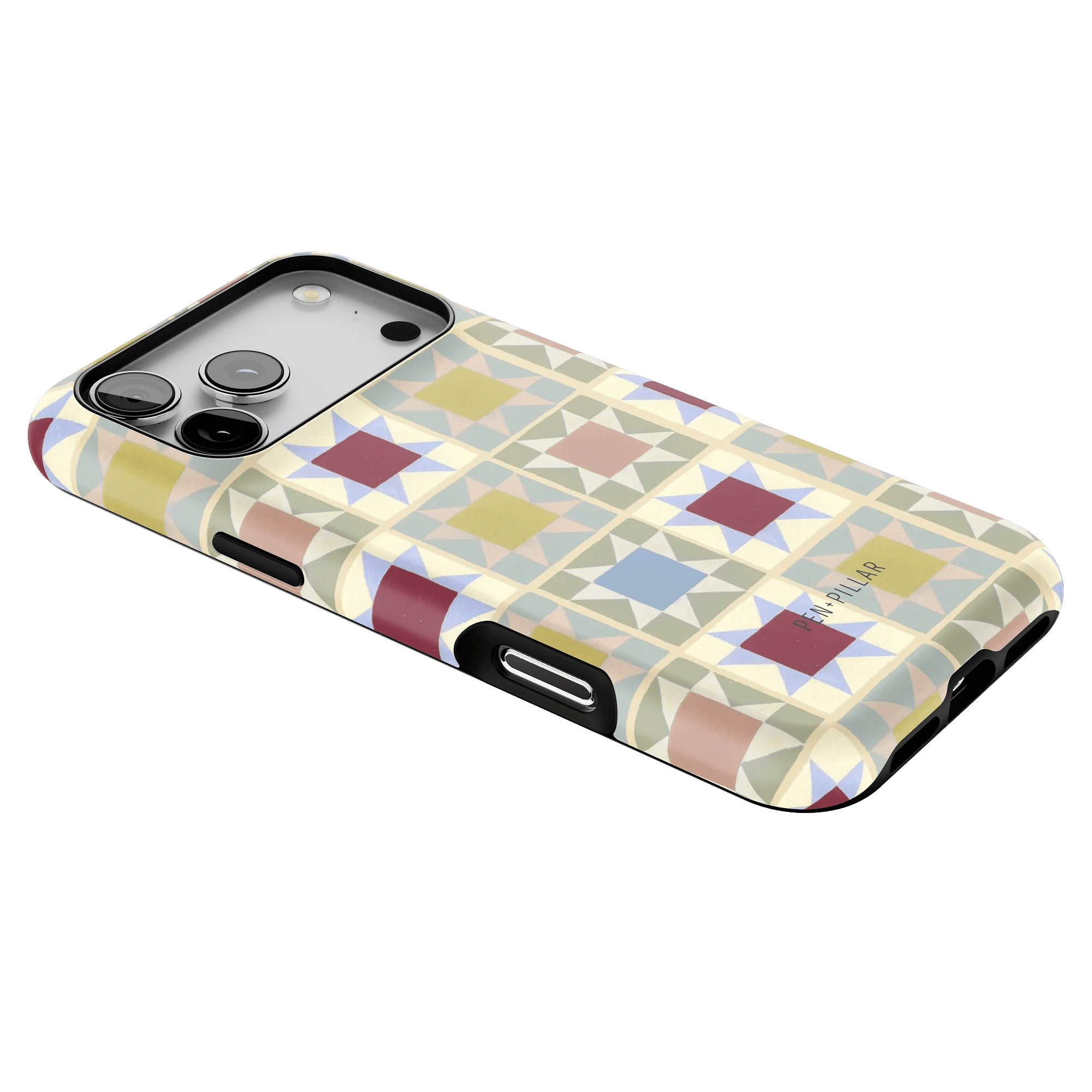 Heirloom iPhone case featuring a geometric pattern in pastel colors with a black edge and cutouts for buttons and ports.