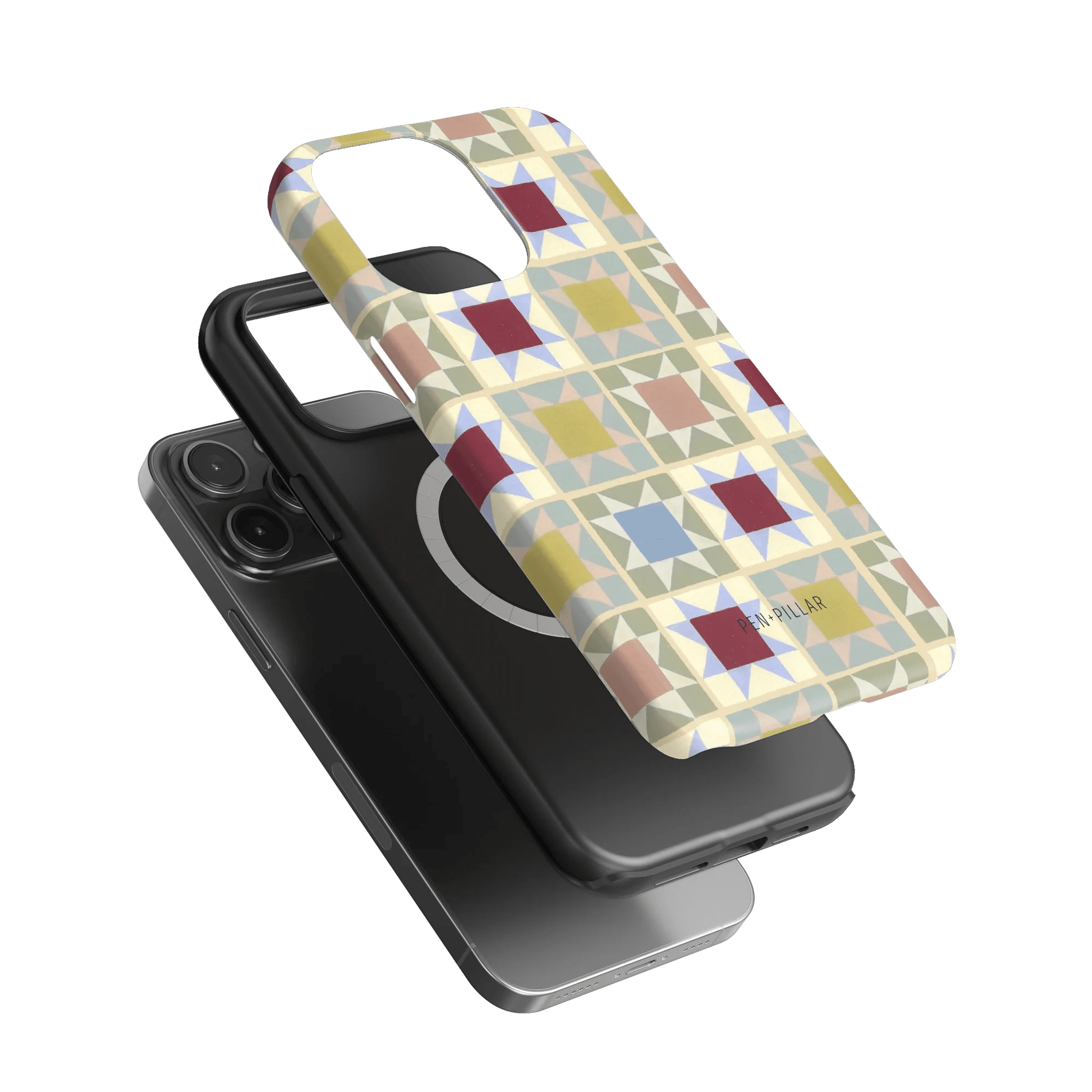 Heirloom iPhone case featuring a geometric pattern in pastel colors, displayed above a black phone case.