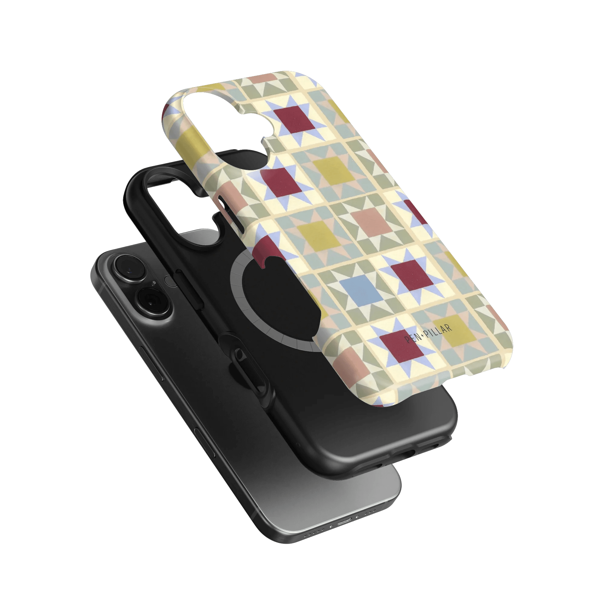 Heirloom iPhone case featuring a geometric pattern in pastel colors, layered over a black phone case.