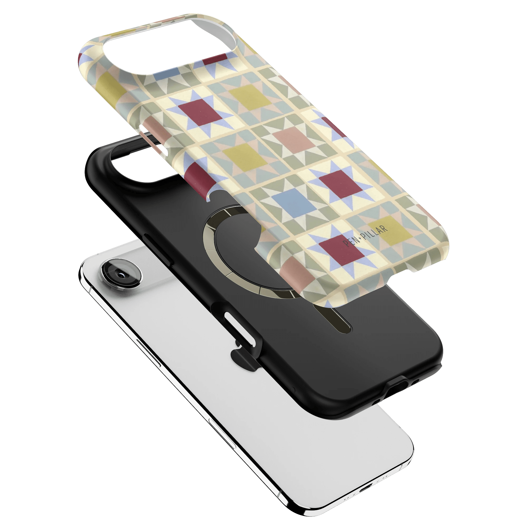 Heirloom iPhone case featuring a geometric pattern in pastel colors, layered over a black and white phone case.