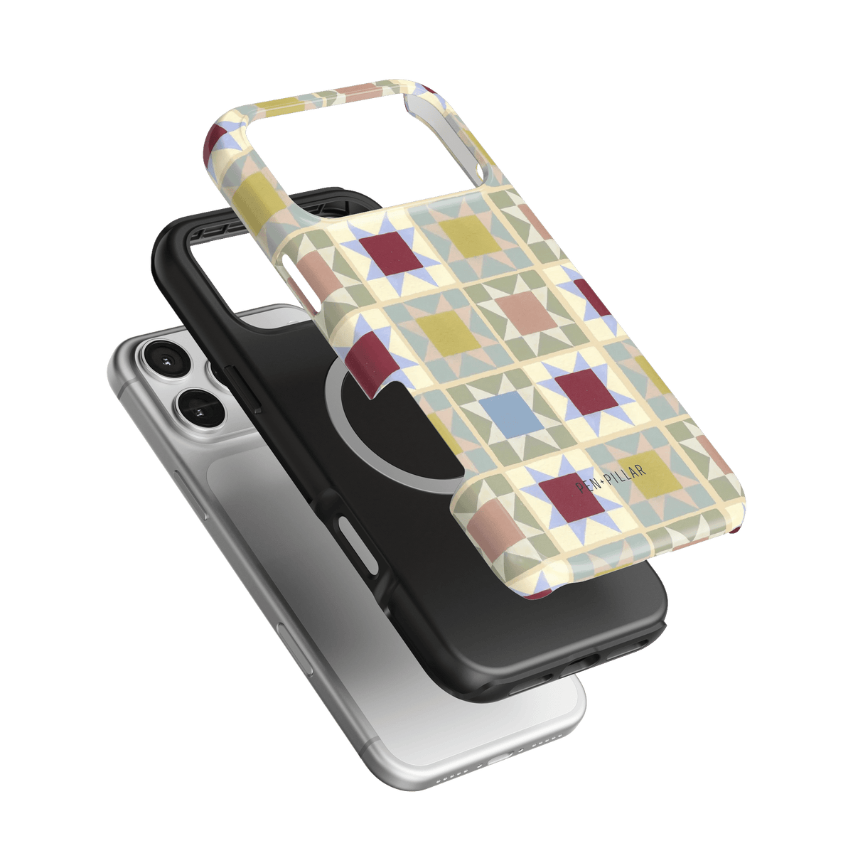 Heirloom iPhone case featuring a geometric pattern in pastel colors, layered over a black protective case.