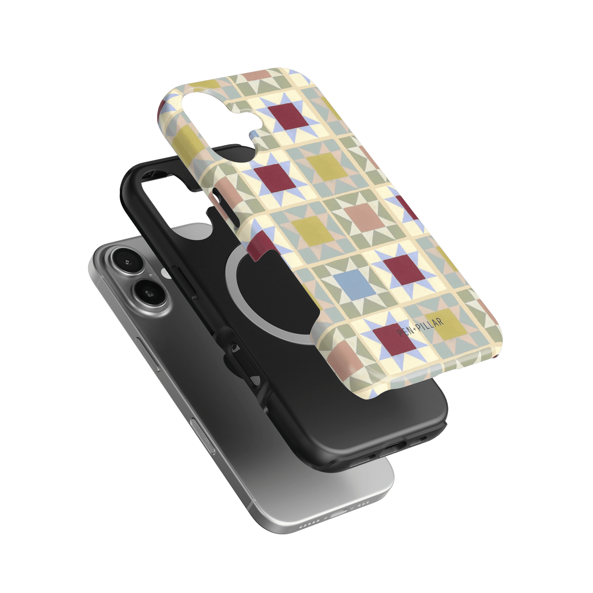 Heirloom iPhone case featuring a geometric pattern in pastel colors, layered over a black and silver phone.