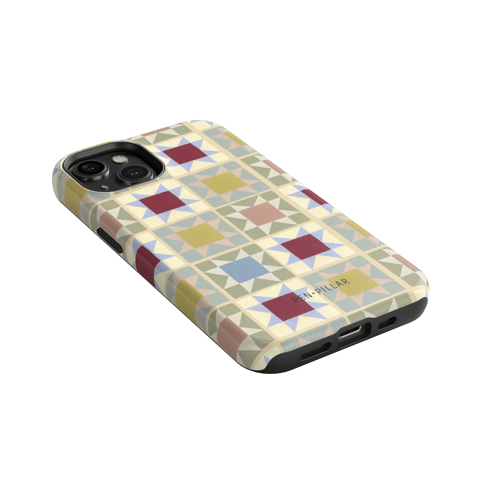 Heirloom iPhone case featuring a geometric pattern in pastel colors with a black edge and cutouts for buttons and ports.