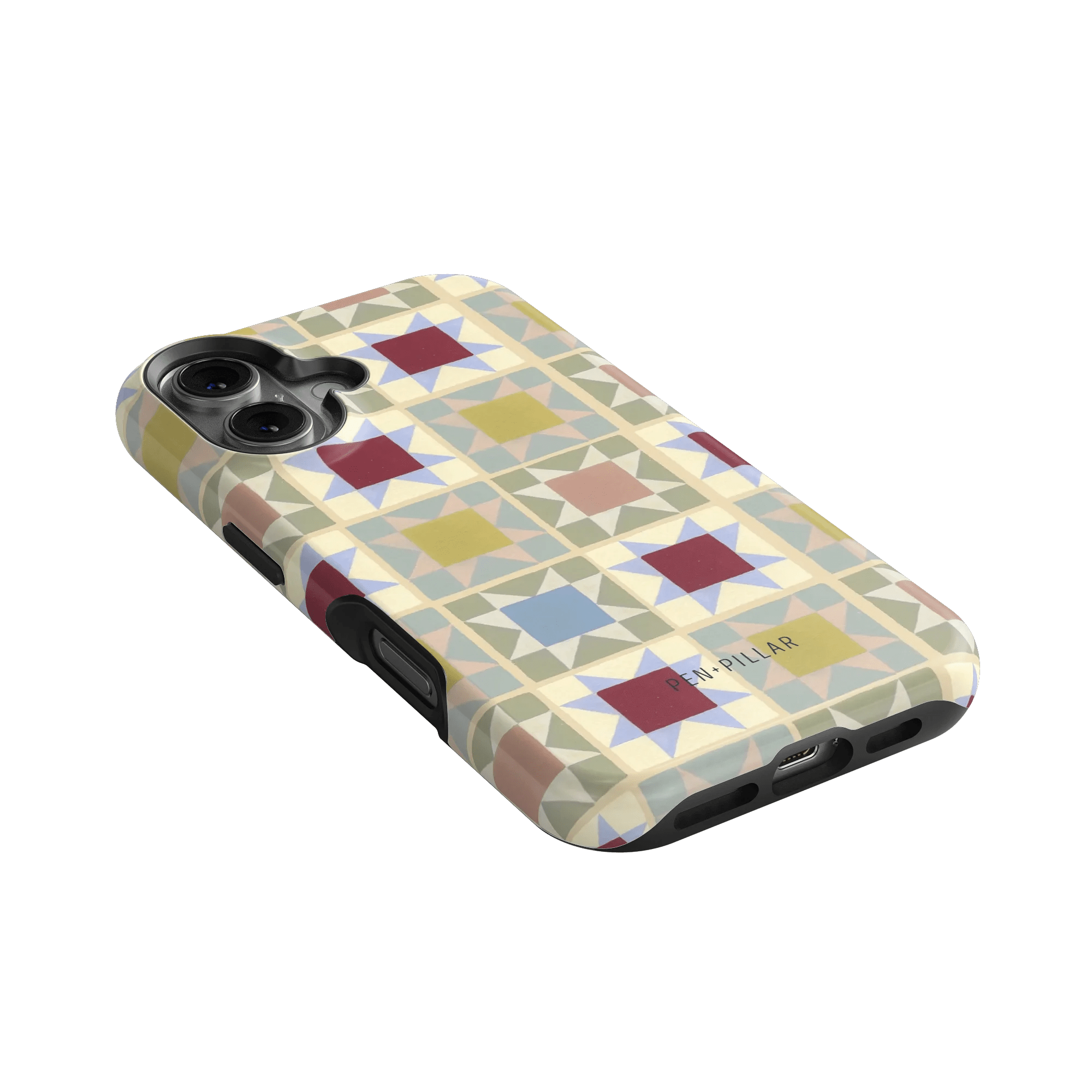 Heirloom iPhone case featuring a geometric pattern in pastel colors, angled view showing buttons and camera cutout.