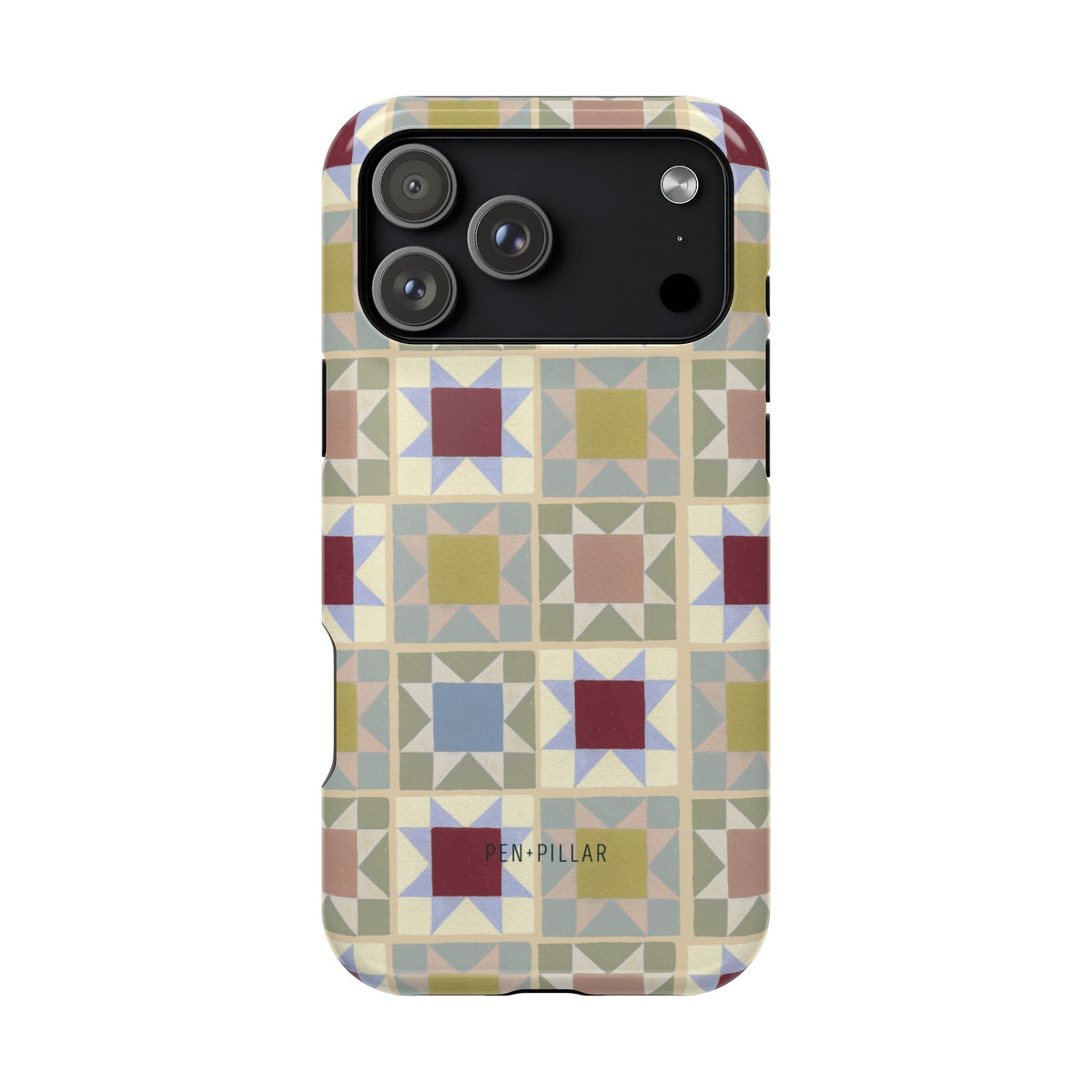 Heirloom iPhone case featuring a geometric pattern in muted colors with a glossy finish.