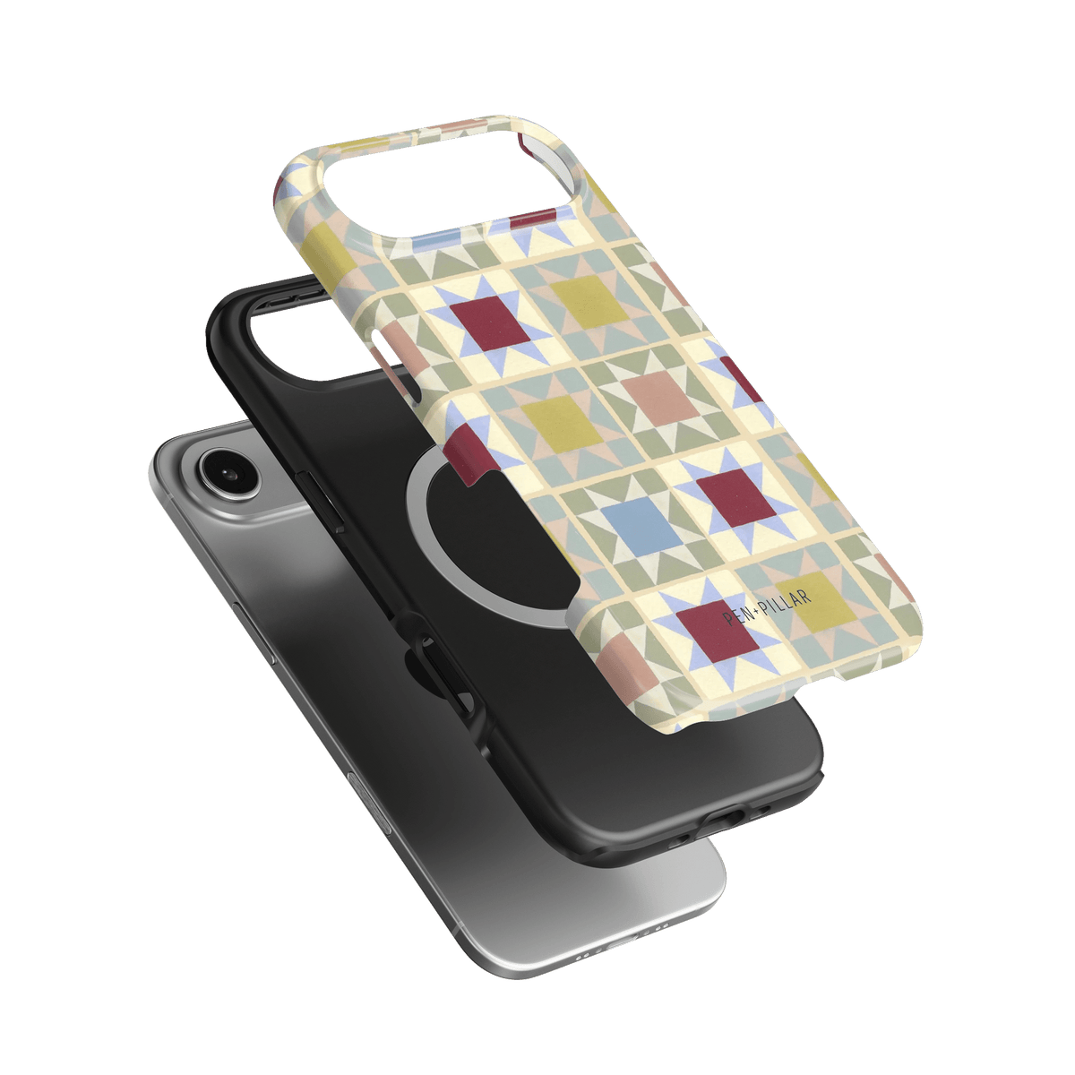 Heirloom iPhone case featuring a geometric pattern in pastel colors, layered over a black phone case.