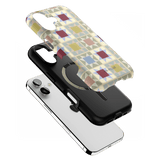 Heirloom iPhone case featuring a geometric pattern in pastel colors, layered over a black and white phone.