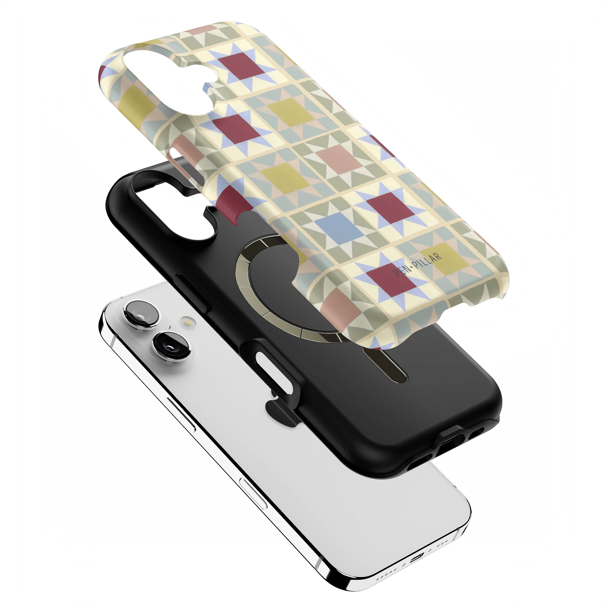 Heirloom iPhone case featuring a geometric pattern in pastel colors, layered over a black and white phone.