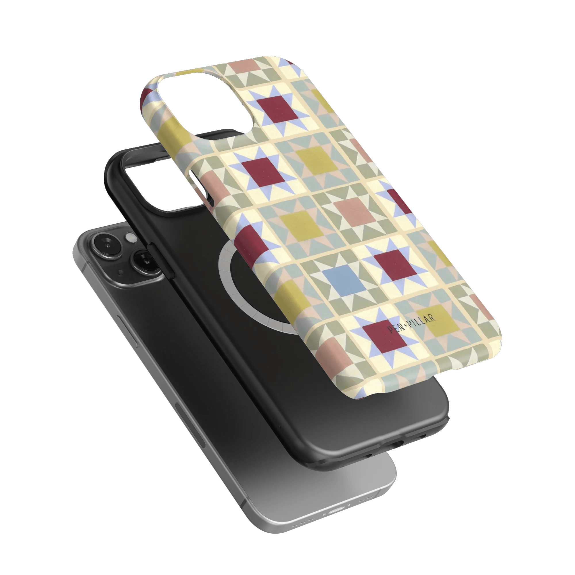 Heirloom iPhone case featuring a geometric pattern in pastel colors, displayed above a black phone with a circular design.