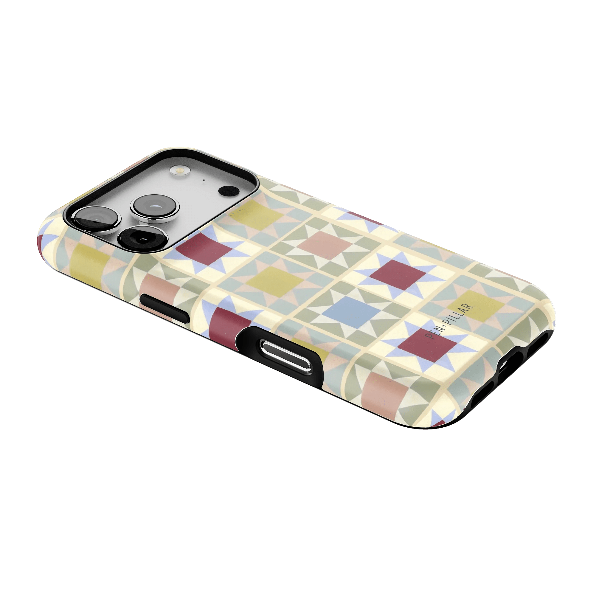 Heirloom iPhone case featuring a geometric pattern in pastel colors with a black border, angled view showing camera cutout.