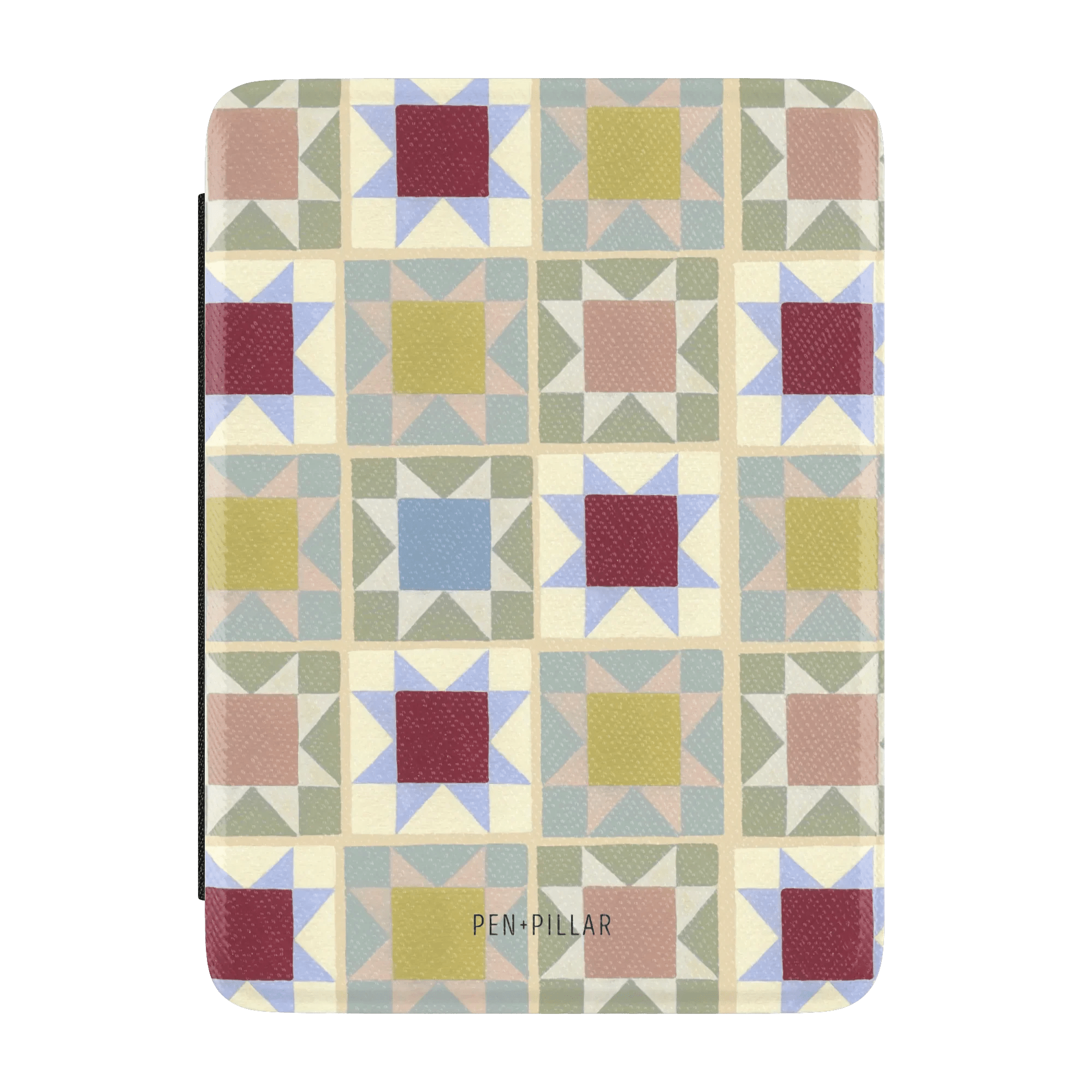 Heirloom Kindle case featuring a geometric patchwork design in muted colors, with a logo at the bottom.