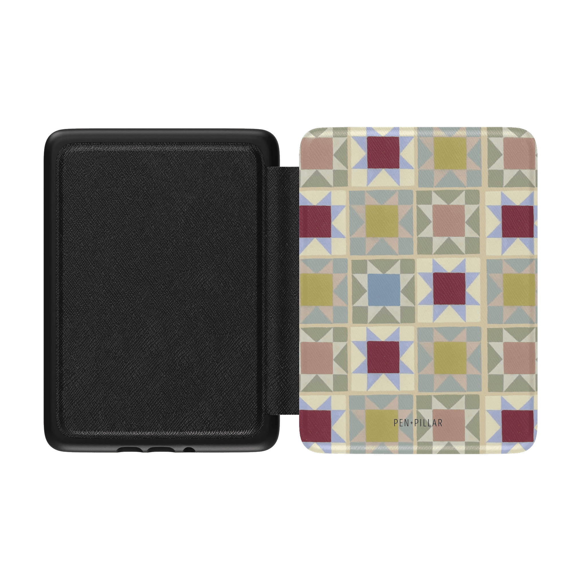 Heirloom Kindle case featuring a geometric pattern in muted colors, with a black interior and a textured exterior.